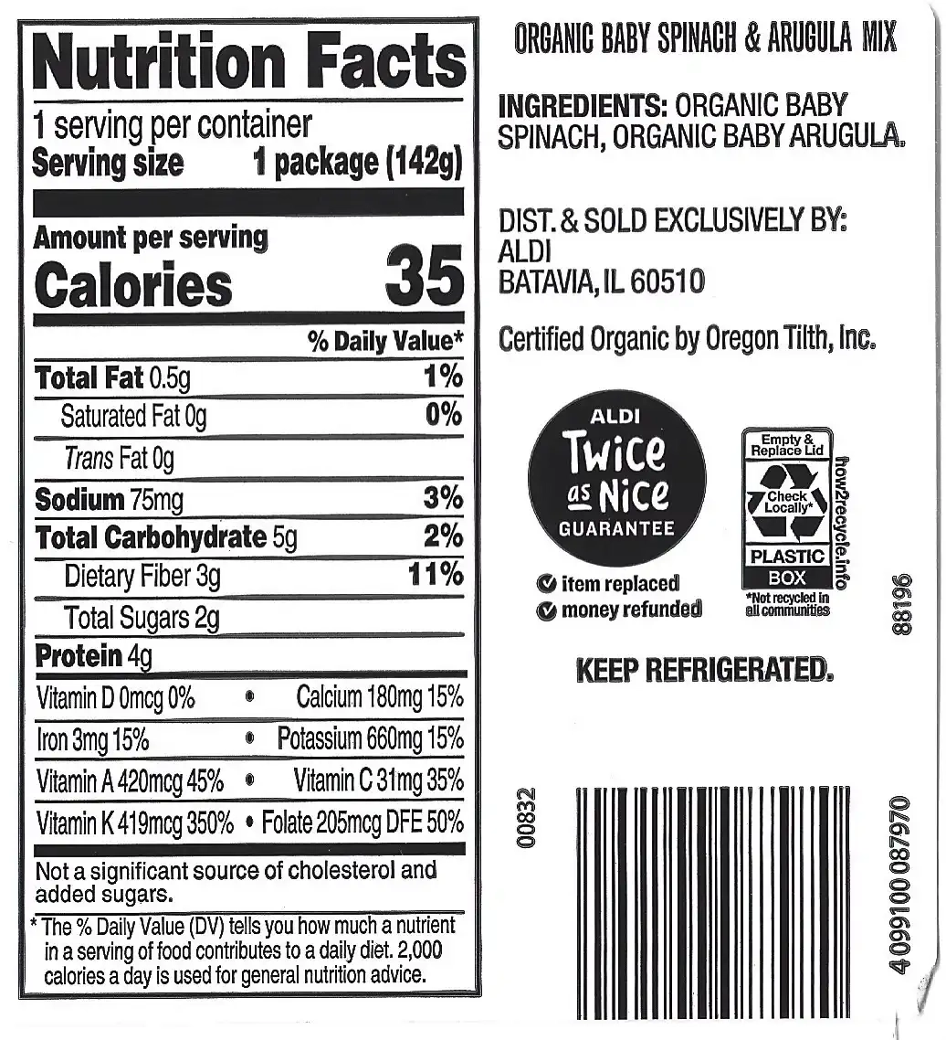 Simply Nature Organic Baby Spinach & Arugula Nutrition Facts Ingredients