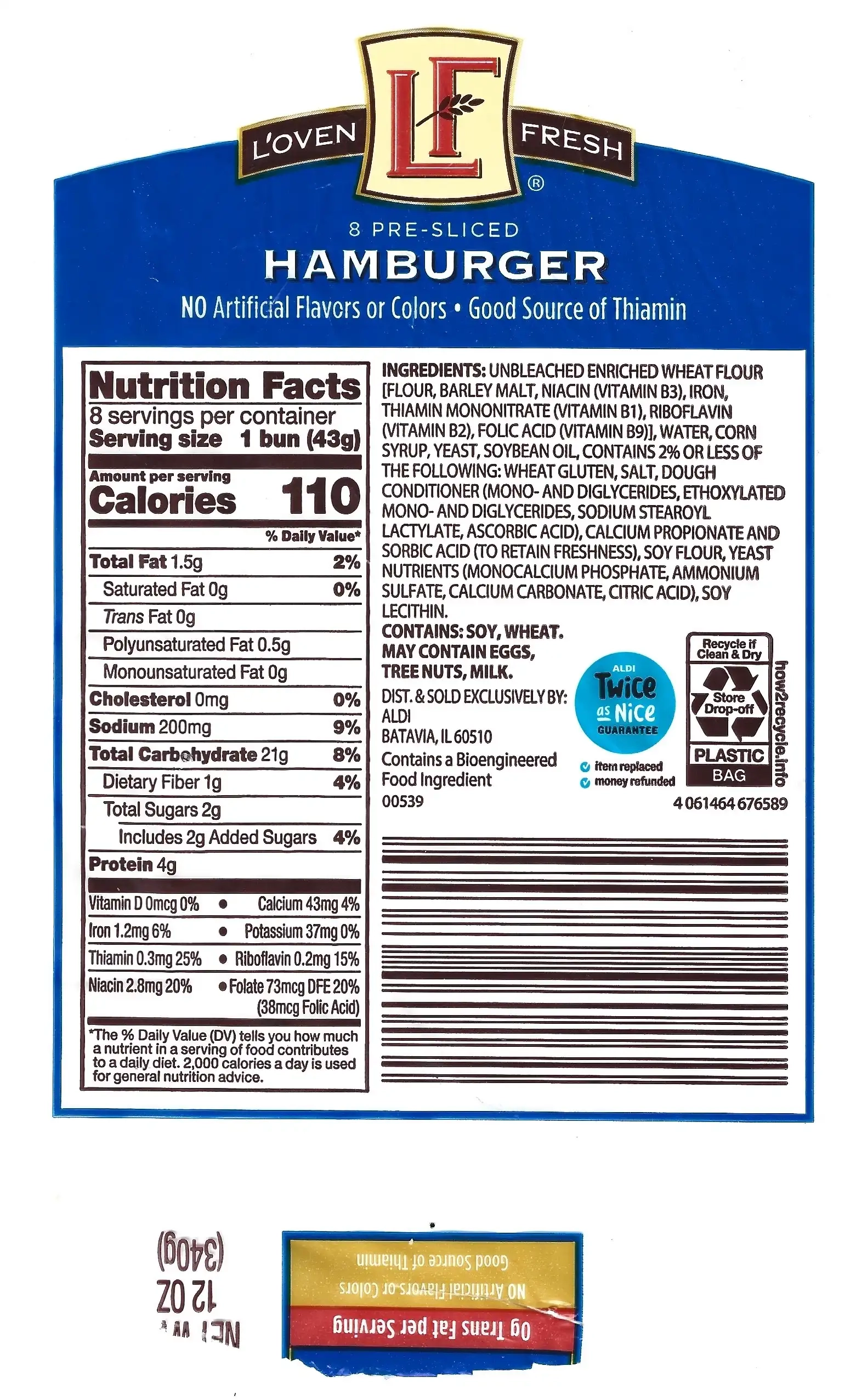 L'oven Fresh 8 Pre-Sliced Hamburger Buns Ingredients Nutrition Facts