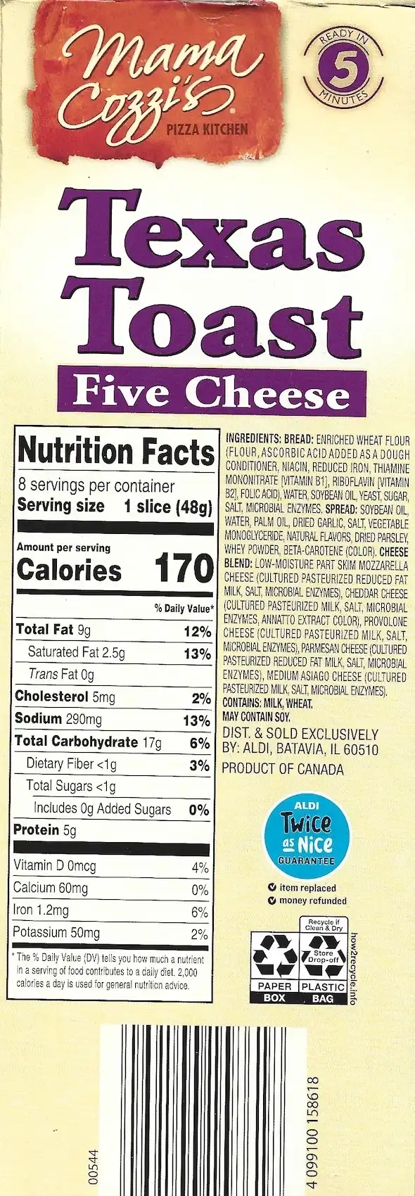 Mama Cozzi's Texas Toast Five Cheese Ingredients Nutrition Facts