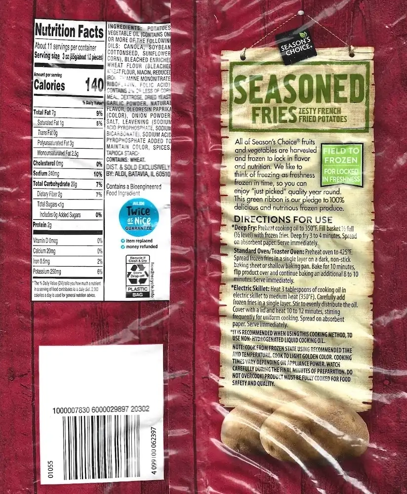 Season's Choice Seasoned Fries Ingredients Cooking Directions Nutrition Facts