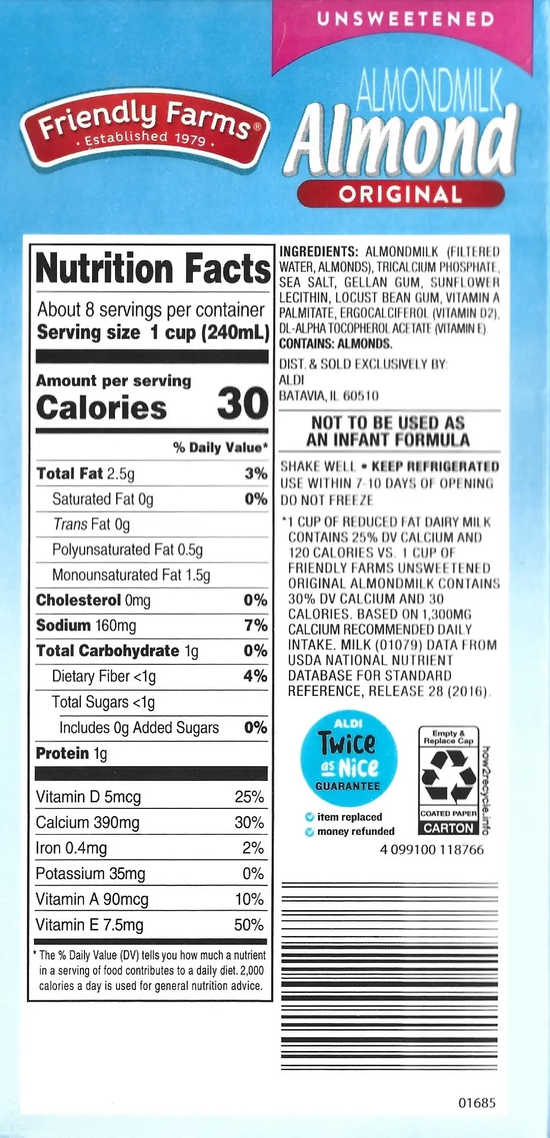 Friendly Farms Unsweetened Original AlmondMilk Ingredients Nutrition Facts