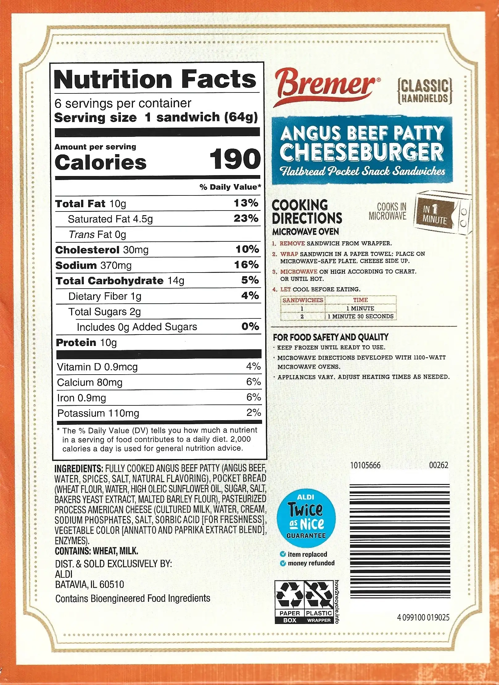 Bremer Angus Beef Patty Cheeseburger Flatbread Pocket Snack Sandwiches Ingredients Nutrition Facts Cooking Directions