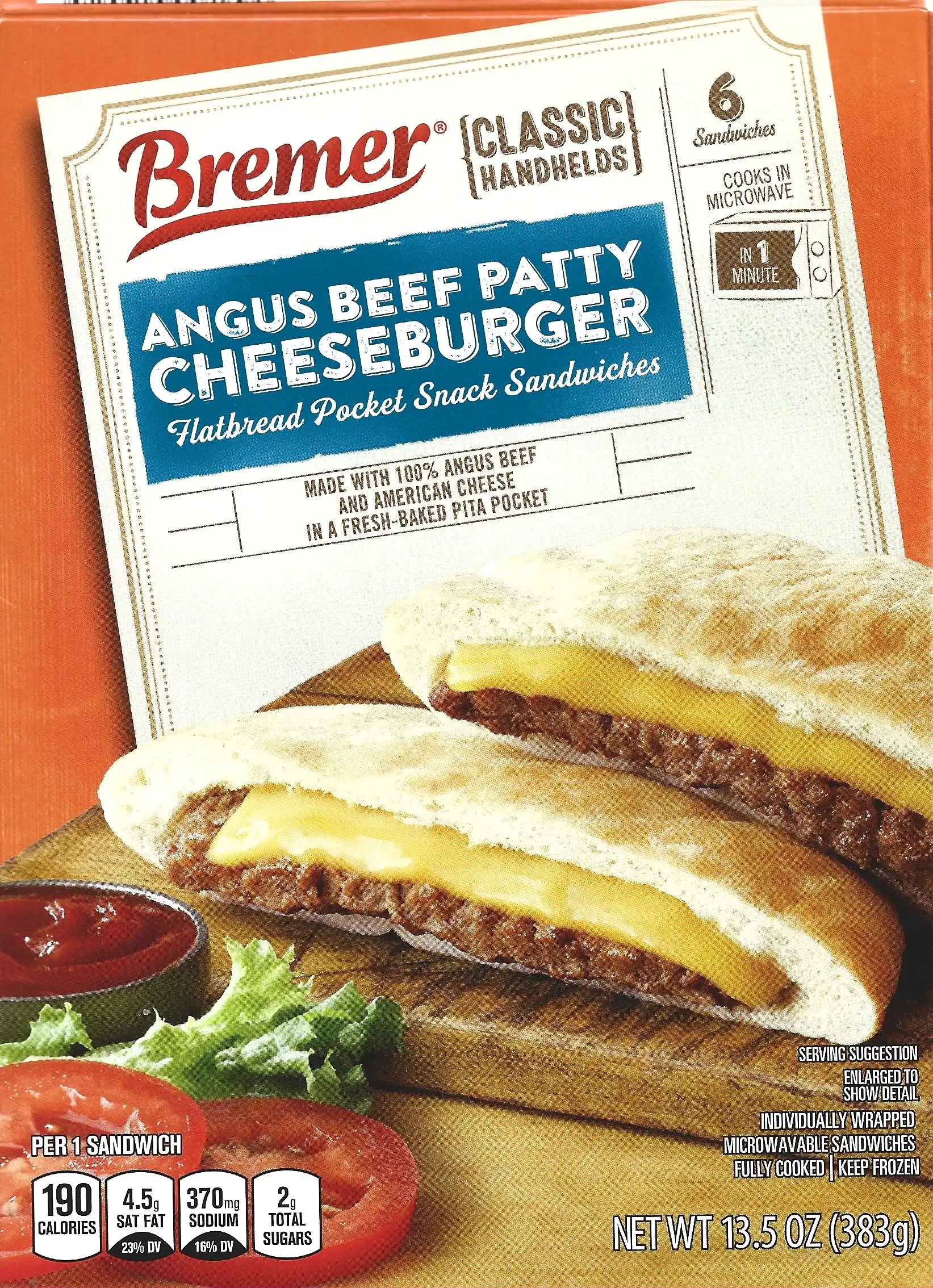 Bremer Angus Beef Patty Cheeseburger Flatbread Pocket Snack Sandwiches