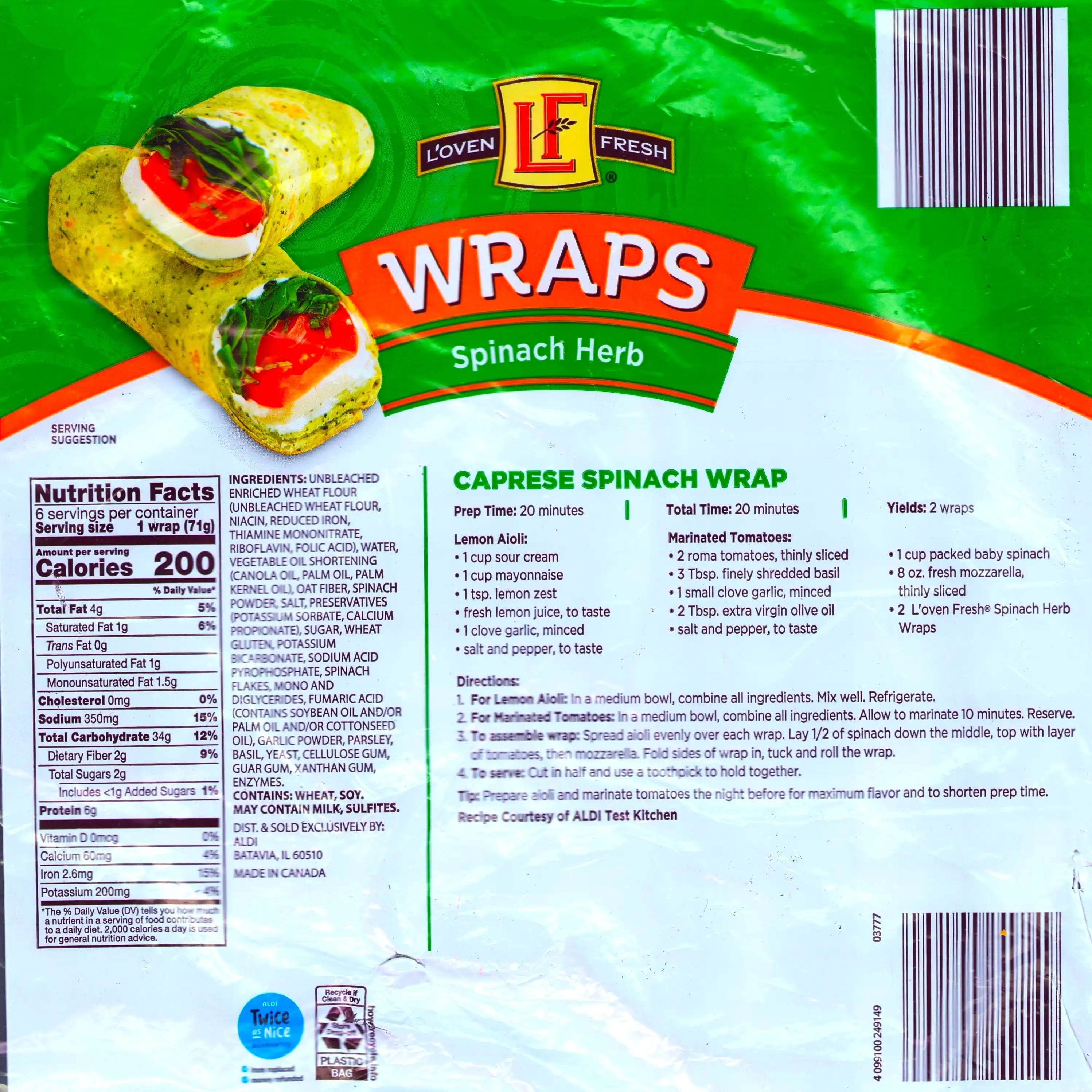 L'oven Fresh Spinach Herb Wraps Ingredients Nutrition Facts