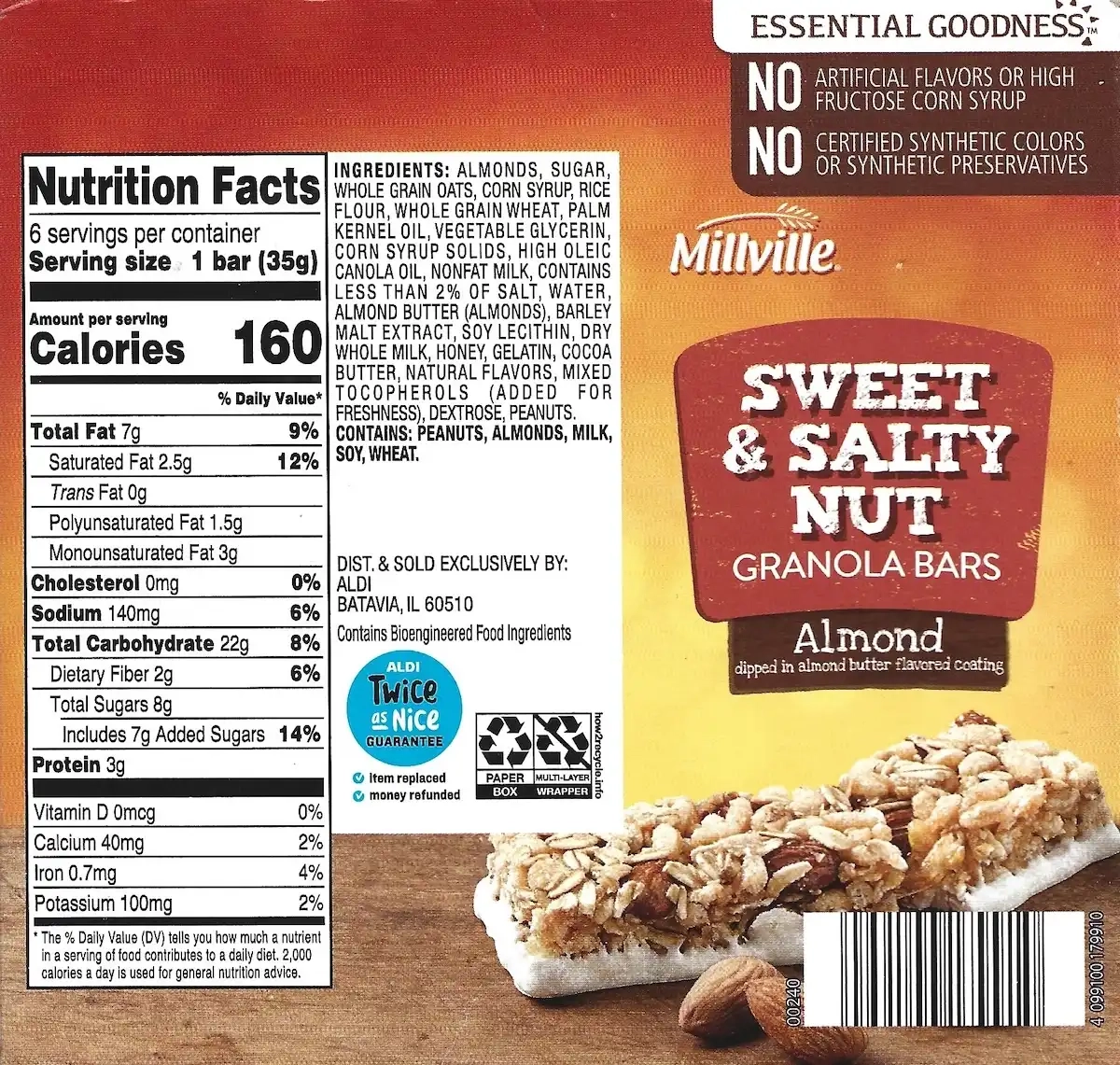 Millville Sweet & Salty Nut Almond Granola Bars Ingredients Nutrition Facts