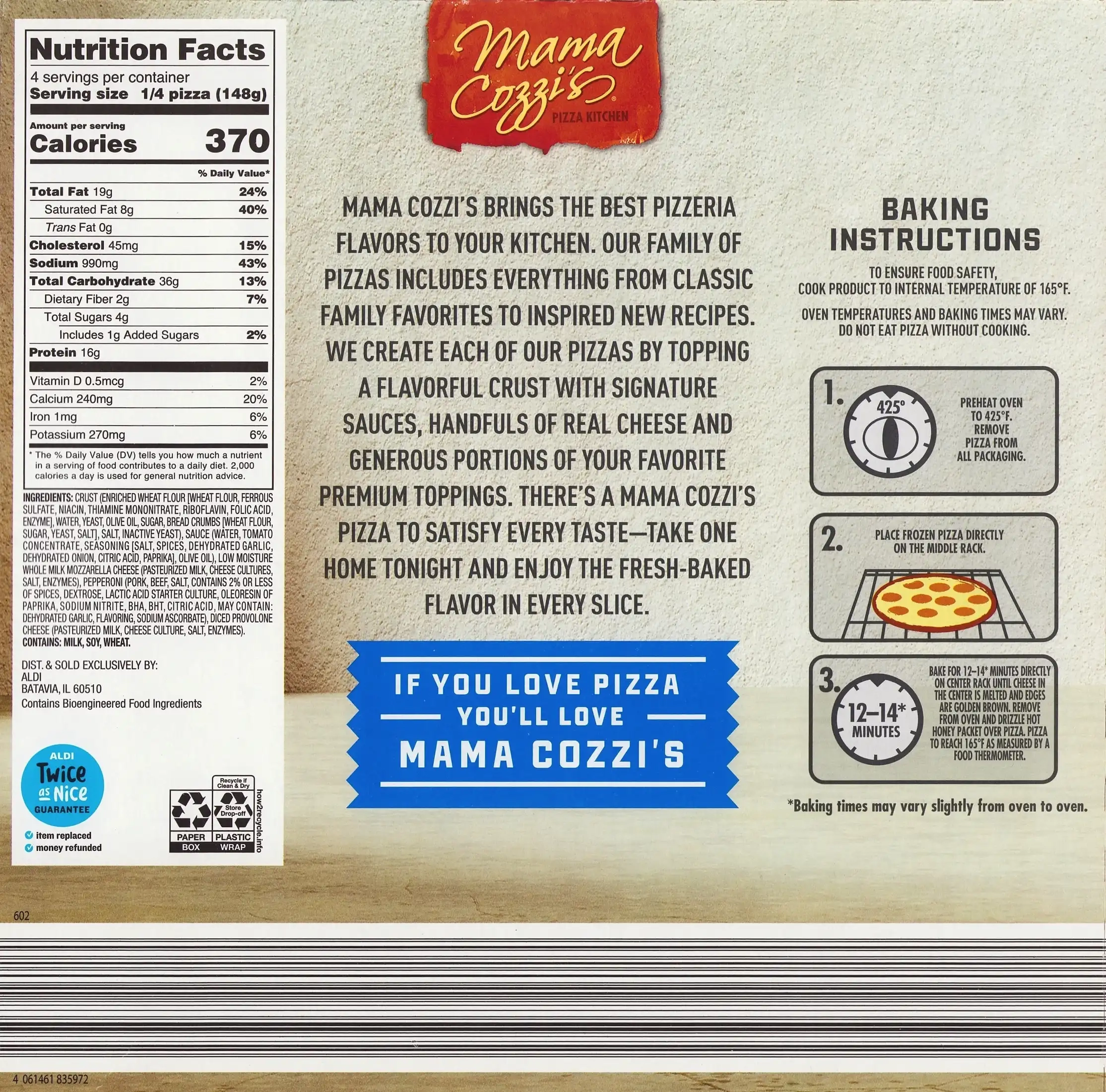 Mama Cozzi's Knuckle Docked Pepperoni Pizza Ingredients Nutrition Facts Cooking Directions