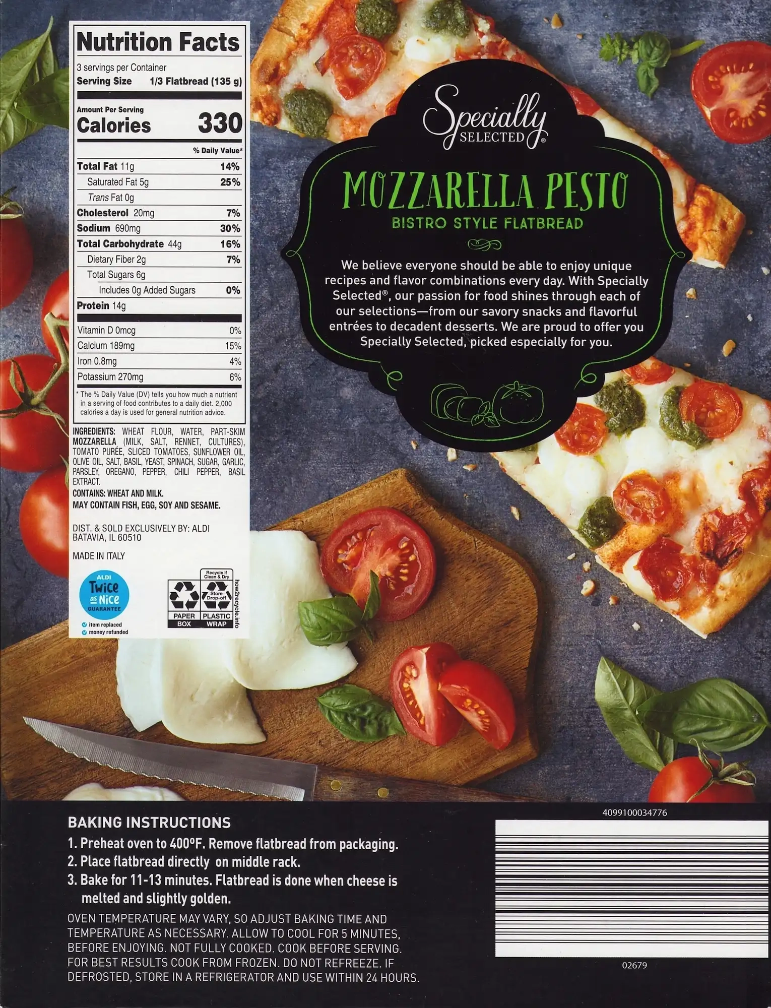 Specially Selected Mozzarella Pesto Flatbread Ingredients Nutrition Facts Cooking Directions