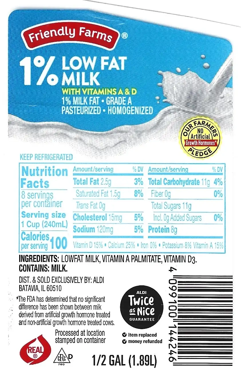 Friendly Farms 1% Low Fat Milk Ingredients Nutrition Facts