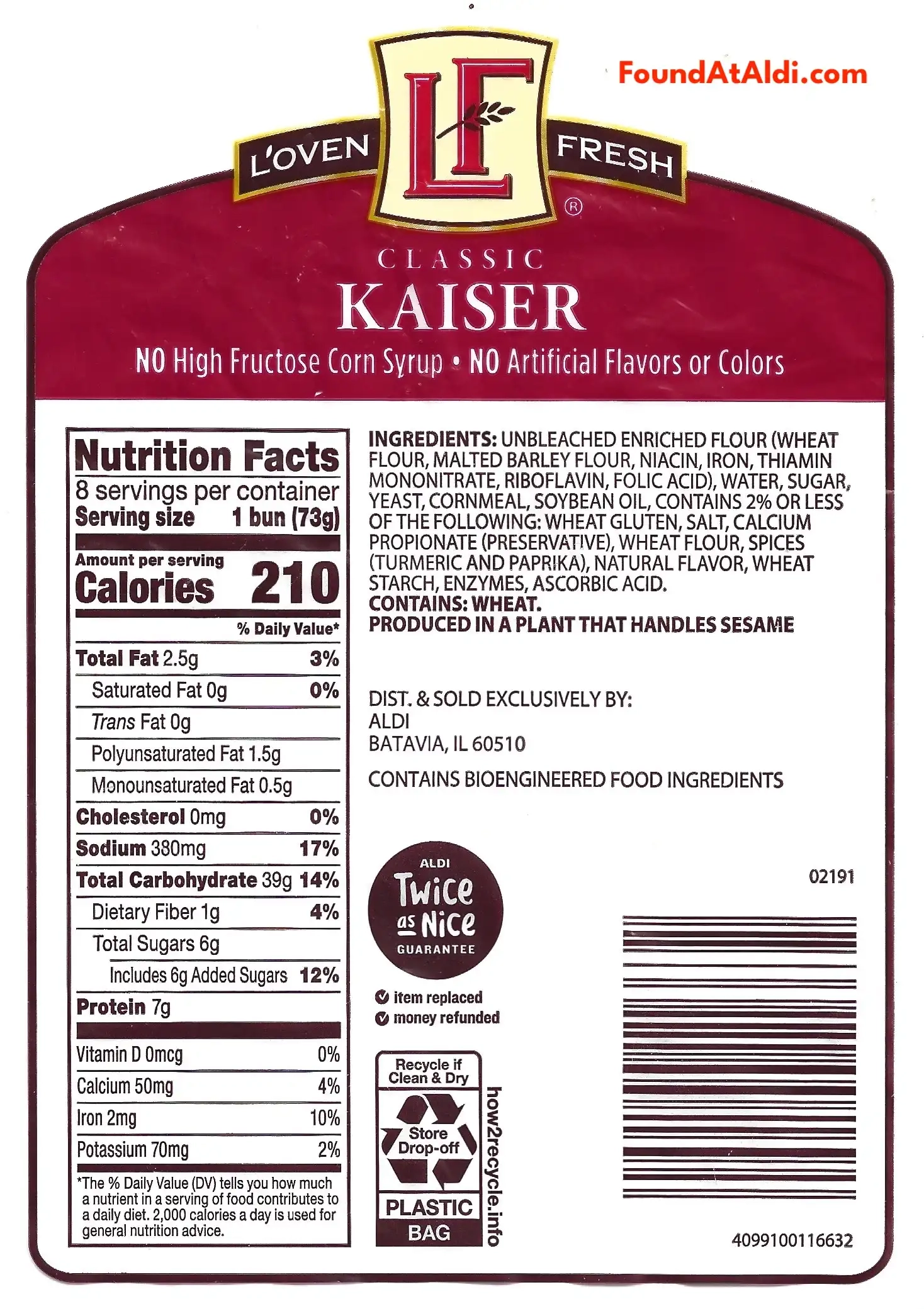 L'oven Classic Kaiser Buns Ingredients Nutrition Facts