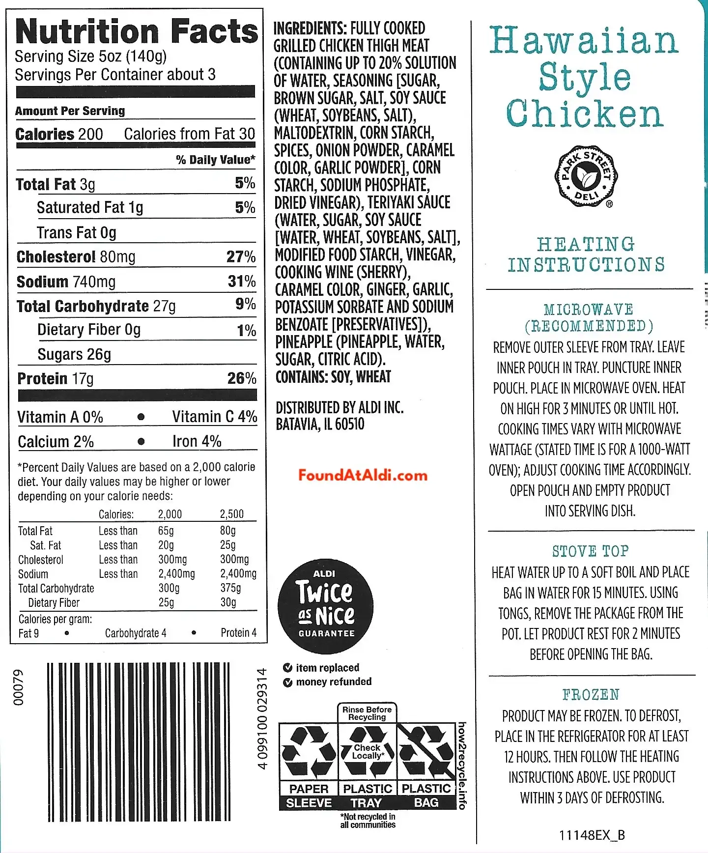 Park Street Deli Hawaiian Style Chicken Ingredients Nutrition Facts Cooking Directions