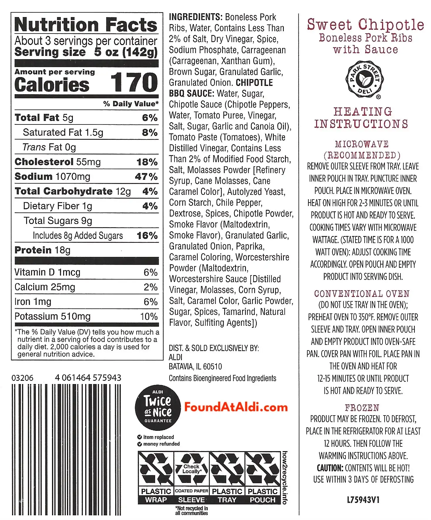 Park Street Deli Sweet Chipotle Boneless Pork Ribs With Sauce Ingredients Nutrition Facts Cooking Directions