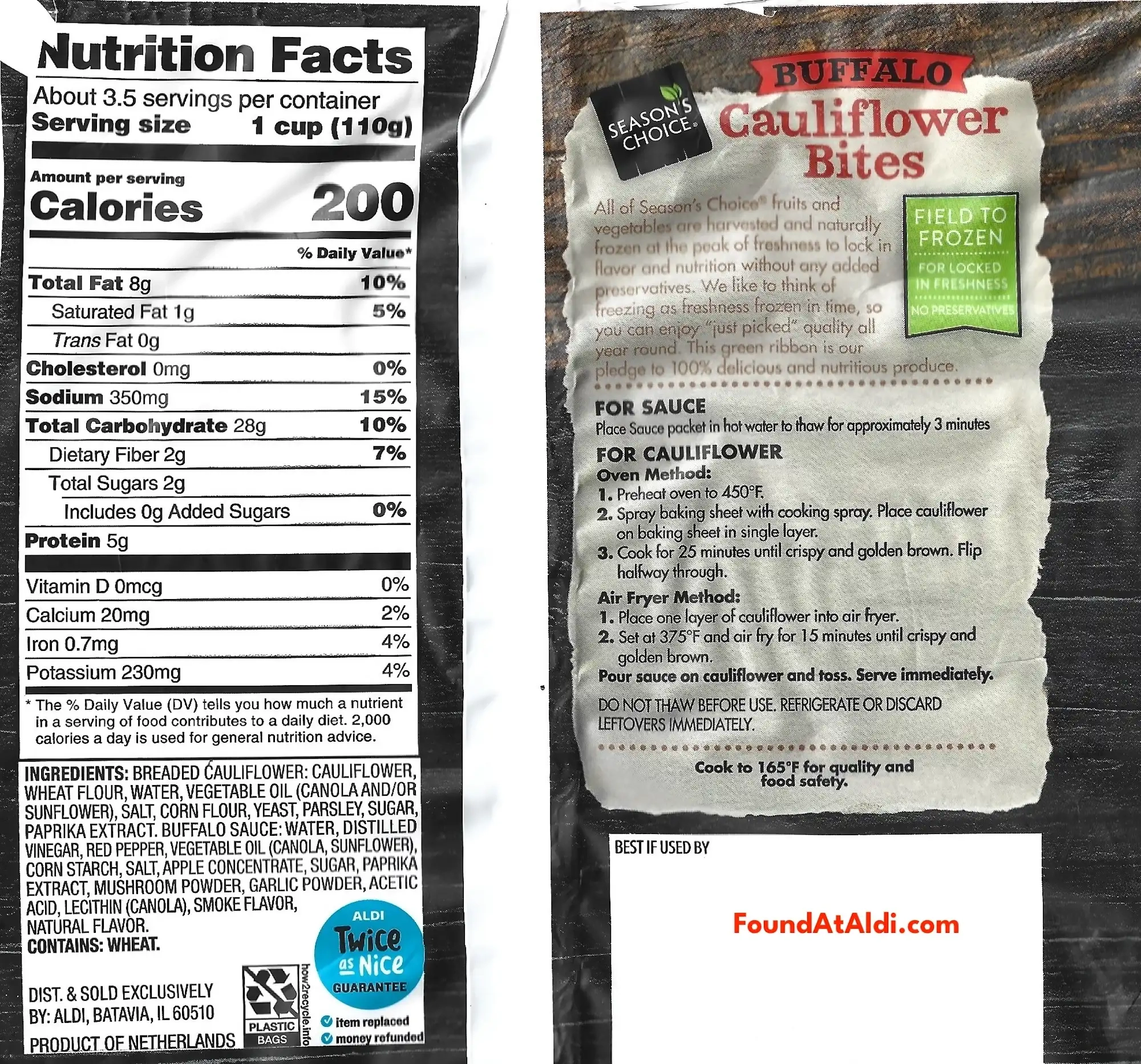 Season's Choice Cauliflower Bites Ingredients Nutrition Facts Cooking Directions