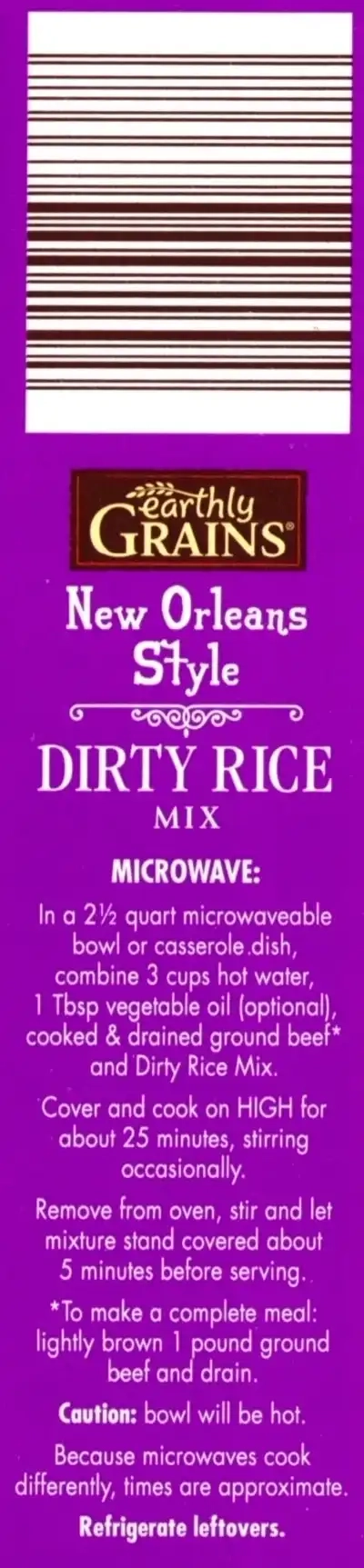 Earthly Grains New Orleans Style Dirty Rice Mix Nutrition Facts Ingredients Microwave Directions