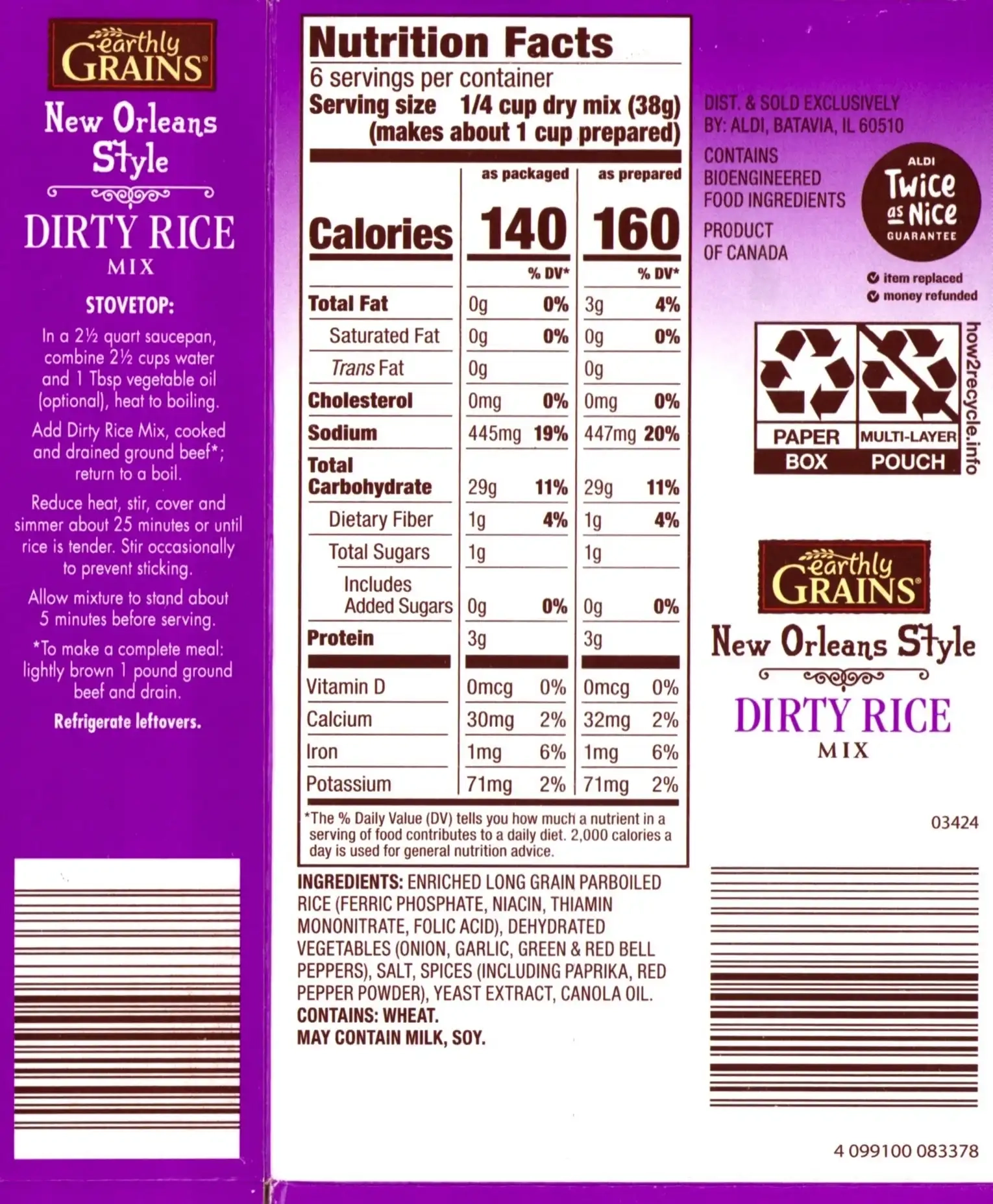 Earthly Grains New Orleans Style Dirty Rice Mix Nutrition Facts Ingredients Stovetop Cooking Directions