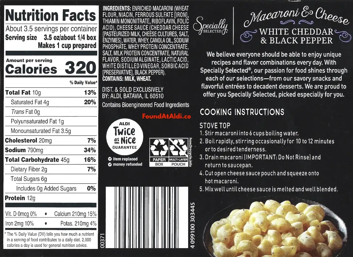 Specially Selected Macaroni & Cheese White Cheddar & Black Pepper Ingredients Nutrition Facts Cooking Directions