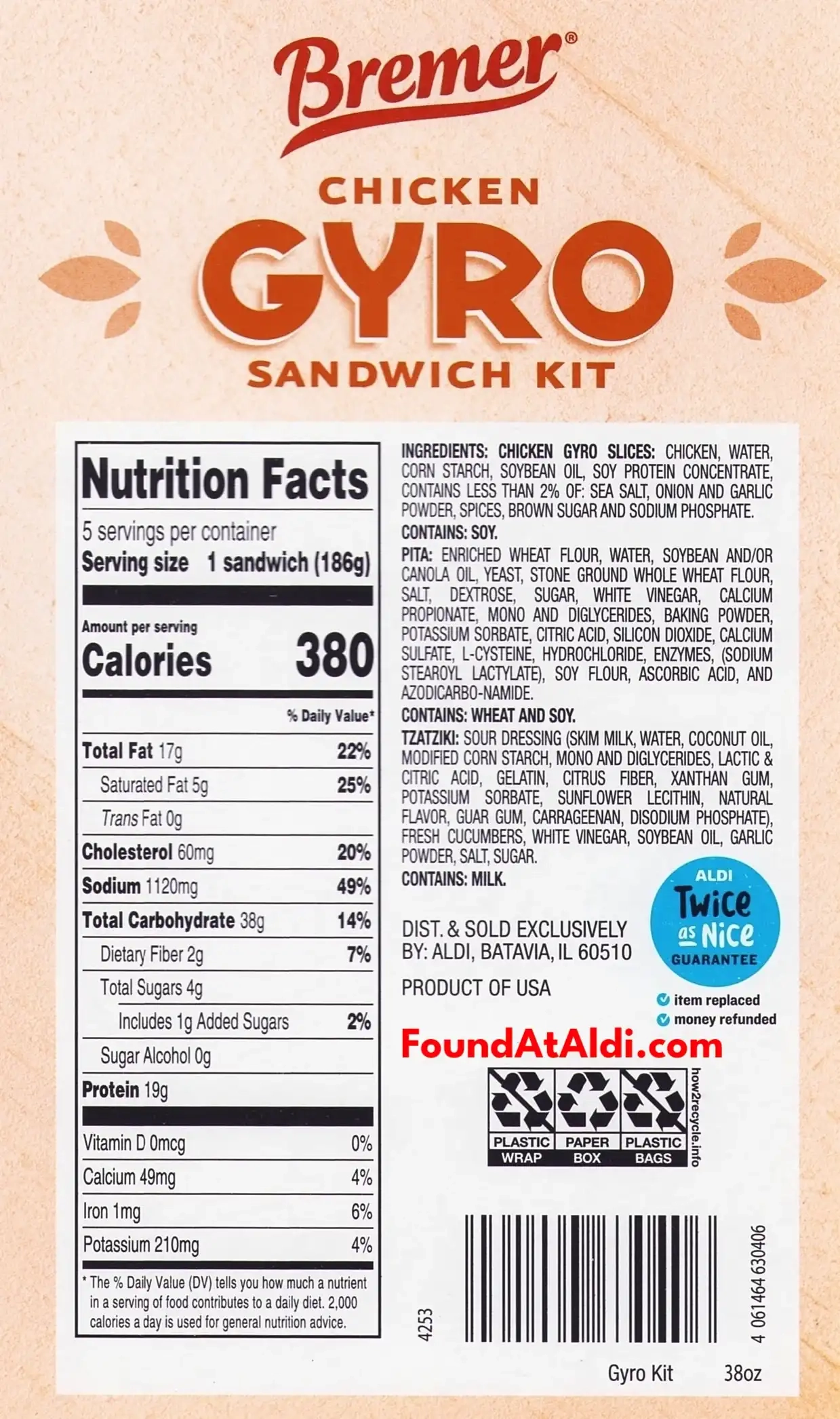 Bremer Chicken Gyro Sandwich Kit Ingredients Nutrition Facts