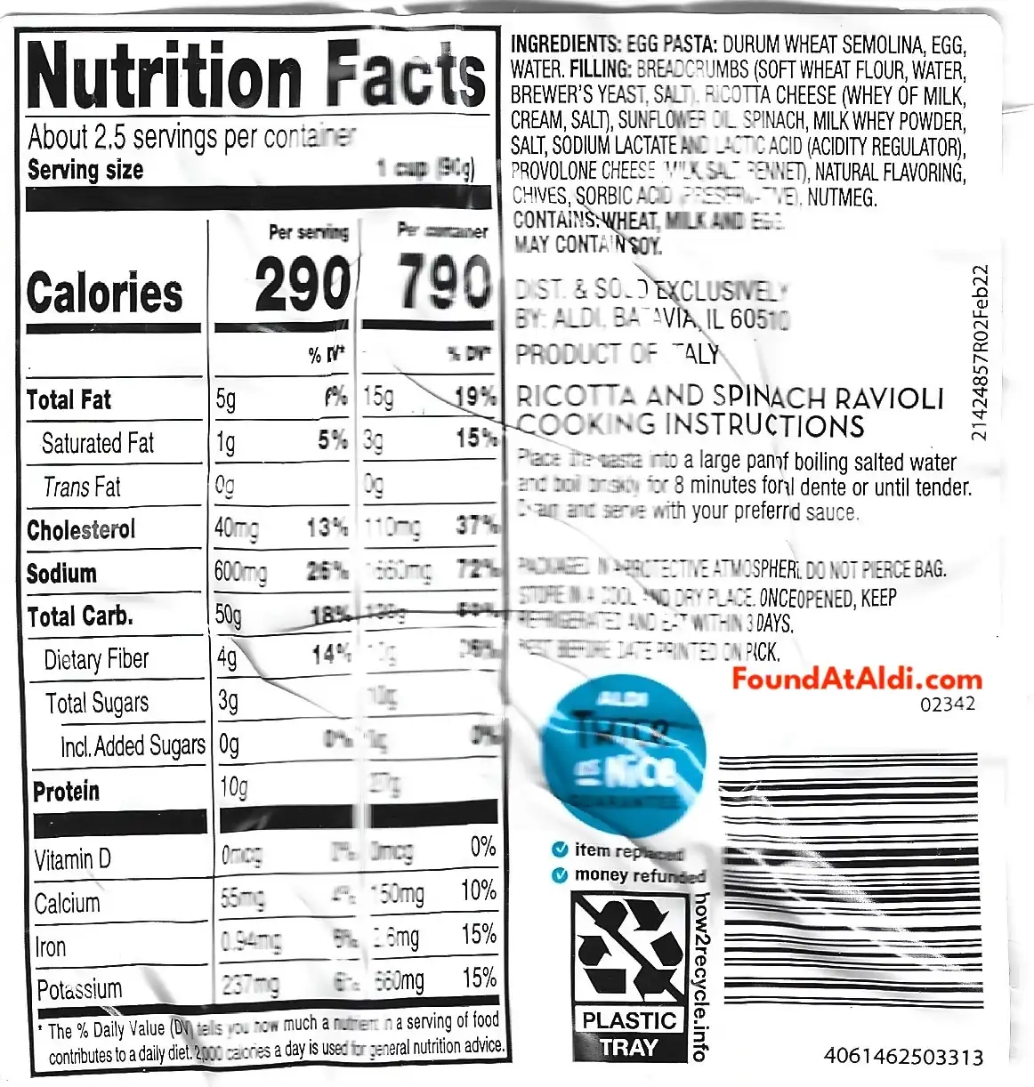 Priano Ricotta & Spinach Ravioli Ingredients Nutrition Facts Cooking Directions