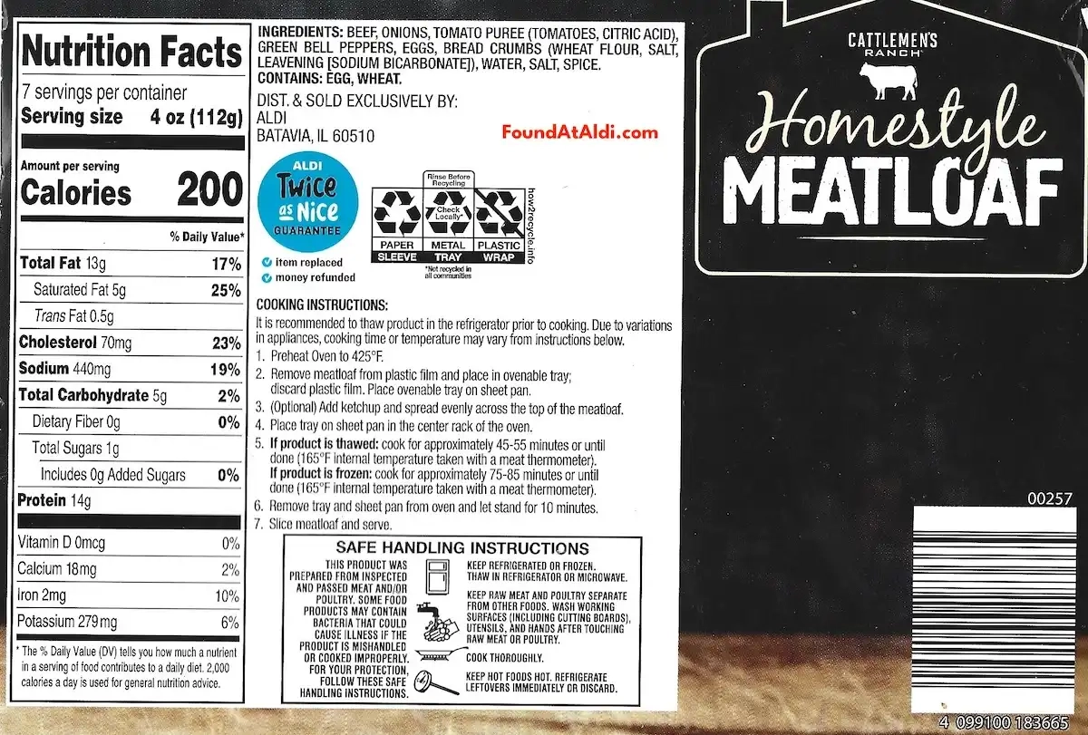 Cattlemen's Ranch Homestyle Meatloaf Ingredients Nutrition Facts Cooking Directions