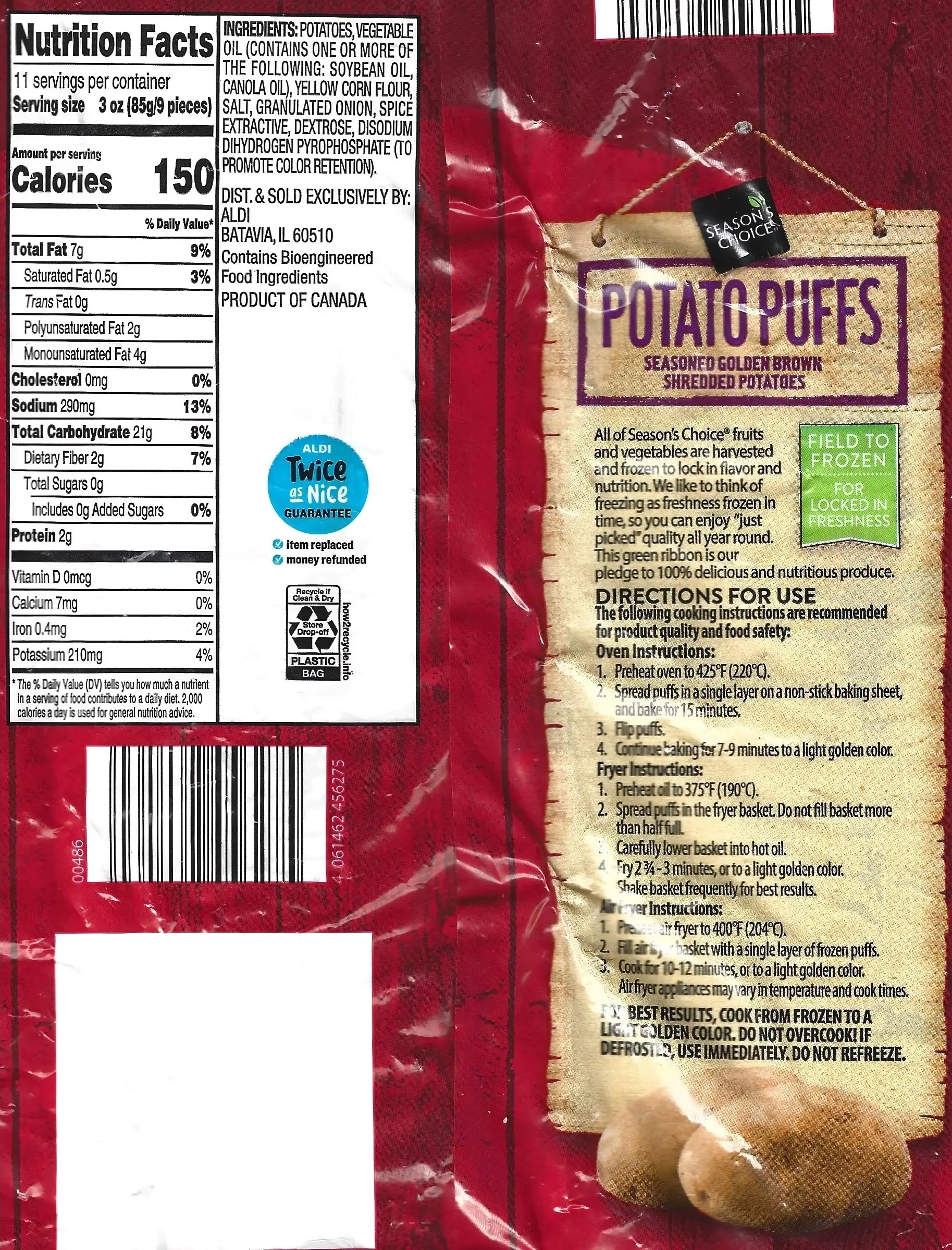 Season's Choice Potato Puffs Tater Tots Nutrition Facts Ingredients Cooking Directions