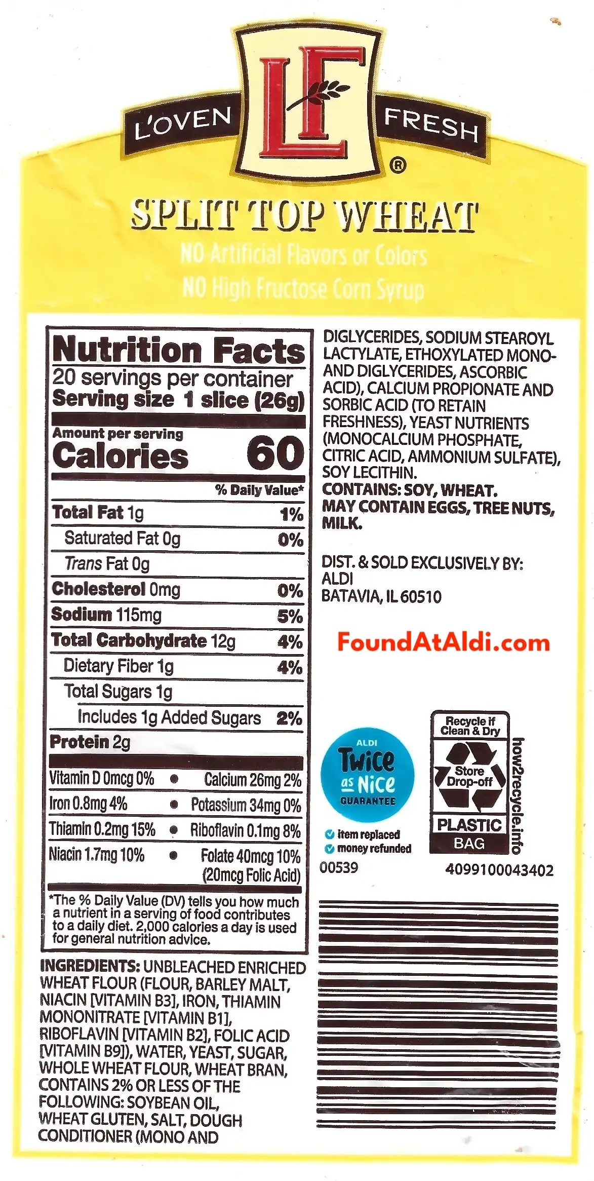 L'Oven Fresh Split Top Wheat Bread Ingredients Nutrition Facts