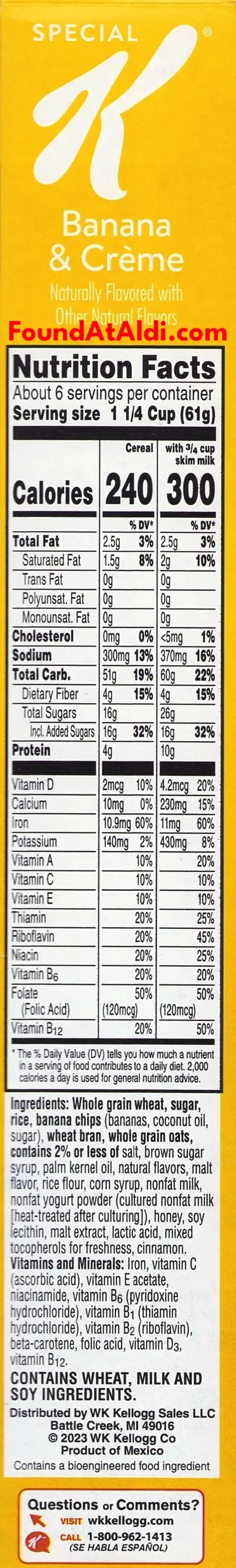 Kellogg's Special K Banana & Creme Ingredients Nutrition Facts