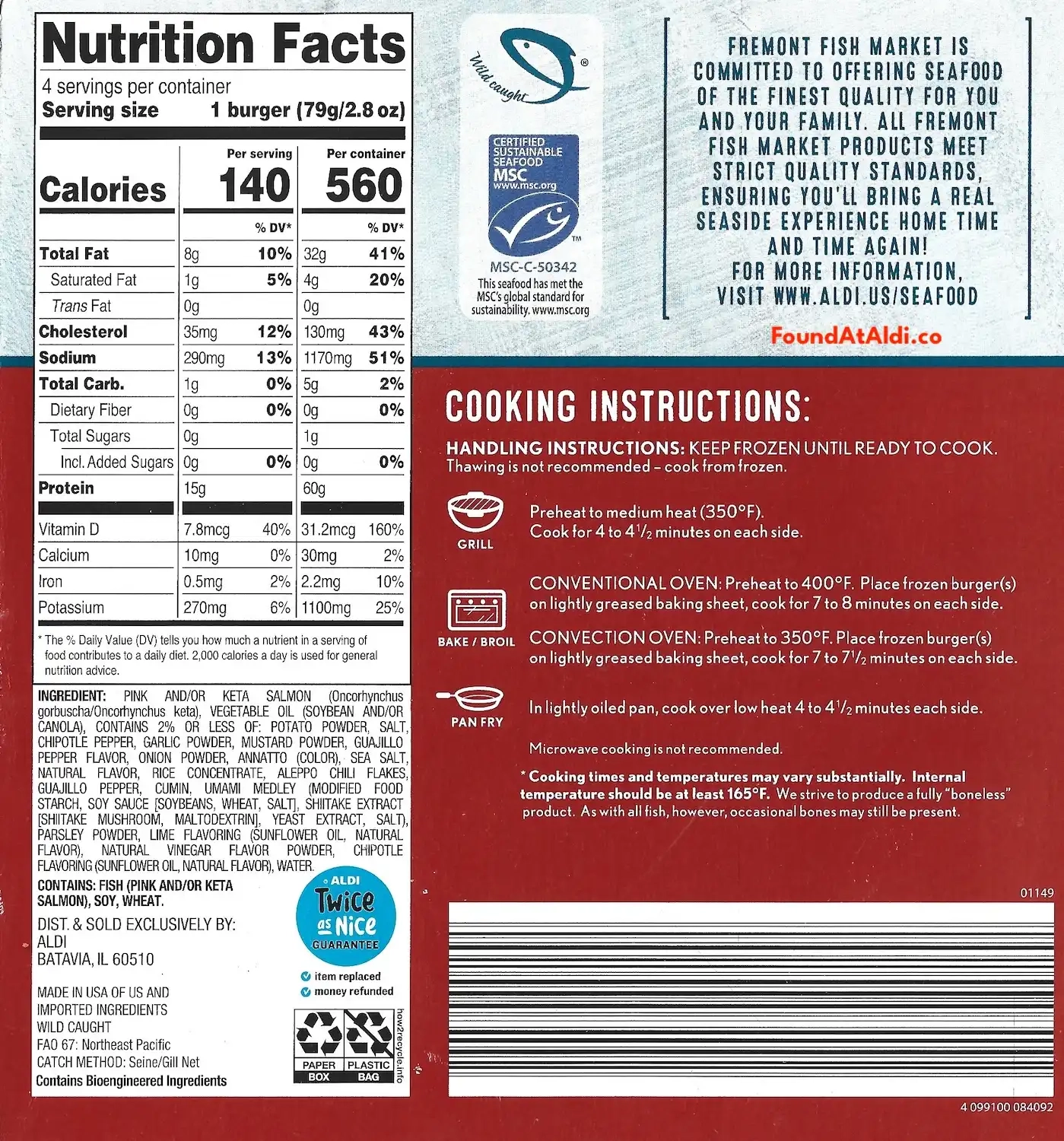 Fremont Fish Market Wild Caught Chipotle Alaska Salmon Burgers Ingredients Nutrition Facts Cooking Directions