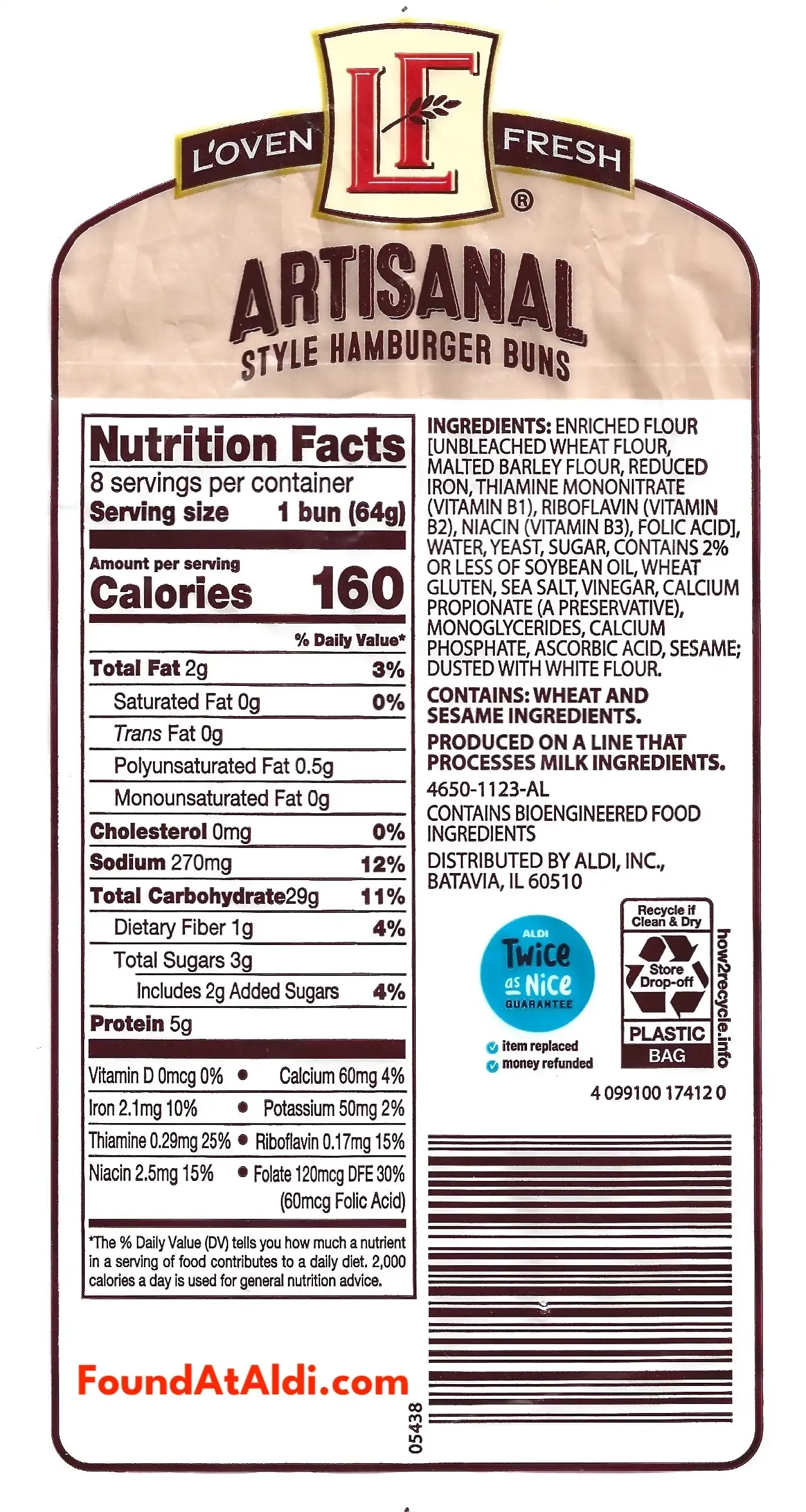 L'oven Fresh Artisanal Style Hamburger Buns Ingredients Nutrition Facts