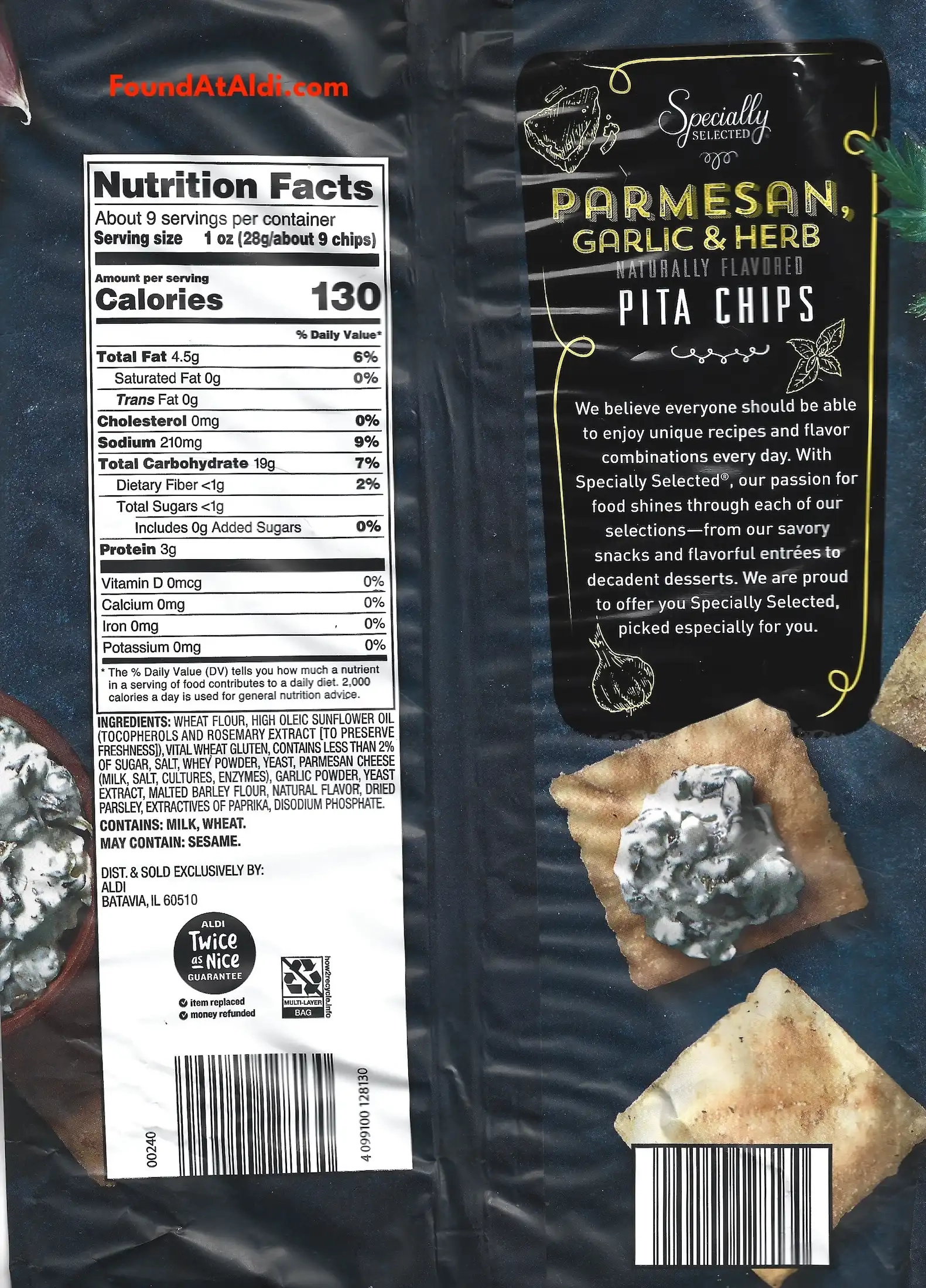 Specially Selected Parmesan Garlic & Herb Pita Chips Ingredients Nutrition Facts