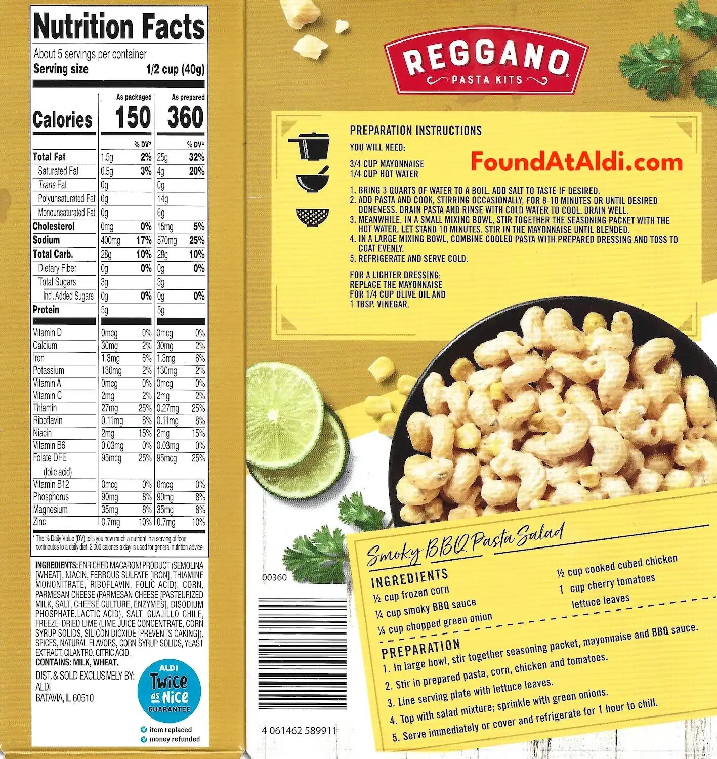 Reggano Pasta Kits Elote Ingredients Nutrition Facts Cooking Directions