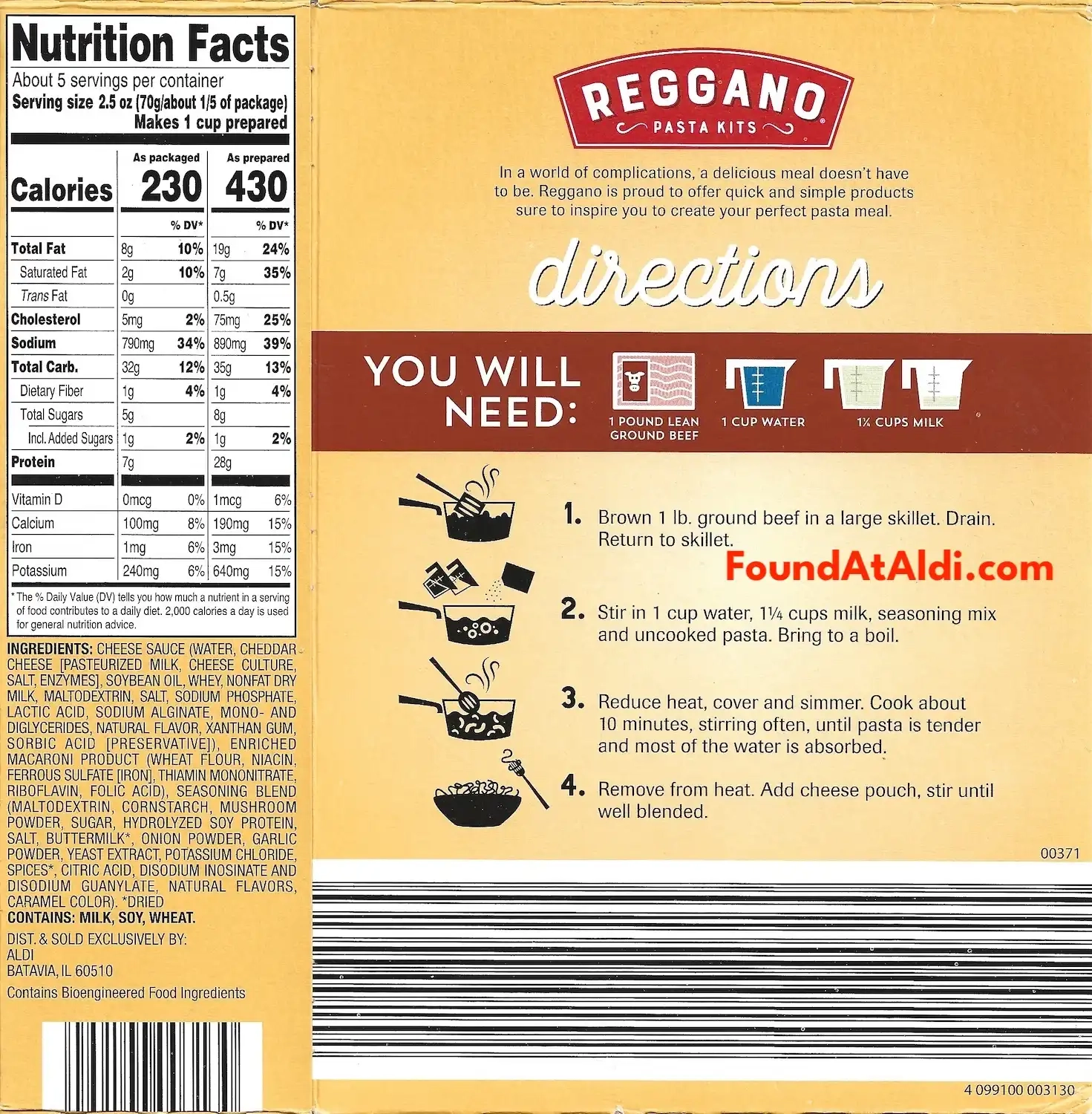 Reggano Pasta Kits Creamy Beef Stroganoff Ingredients Nutrition Facts Cooking Directions