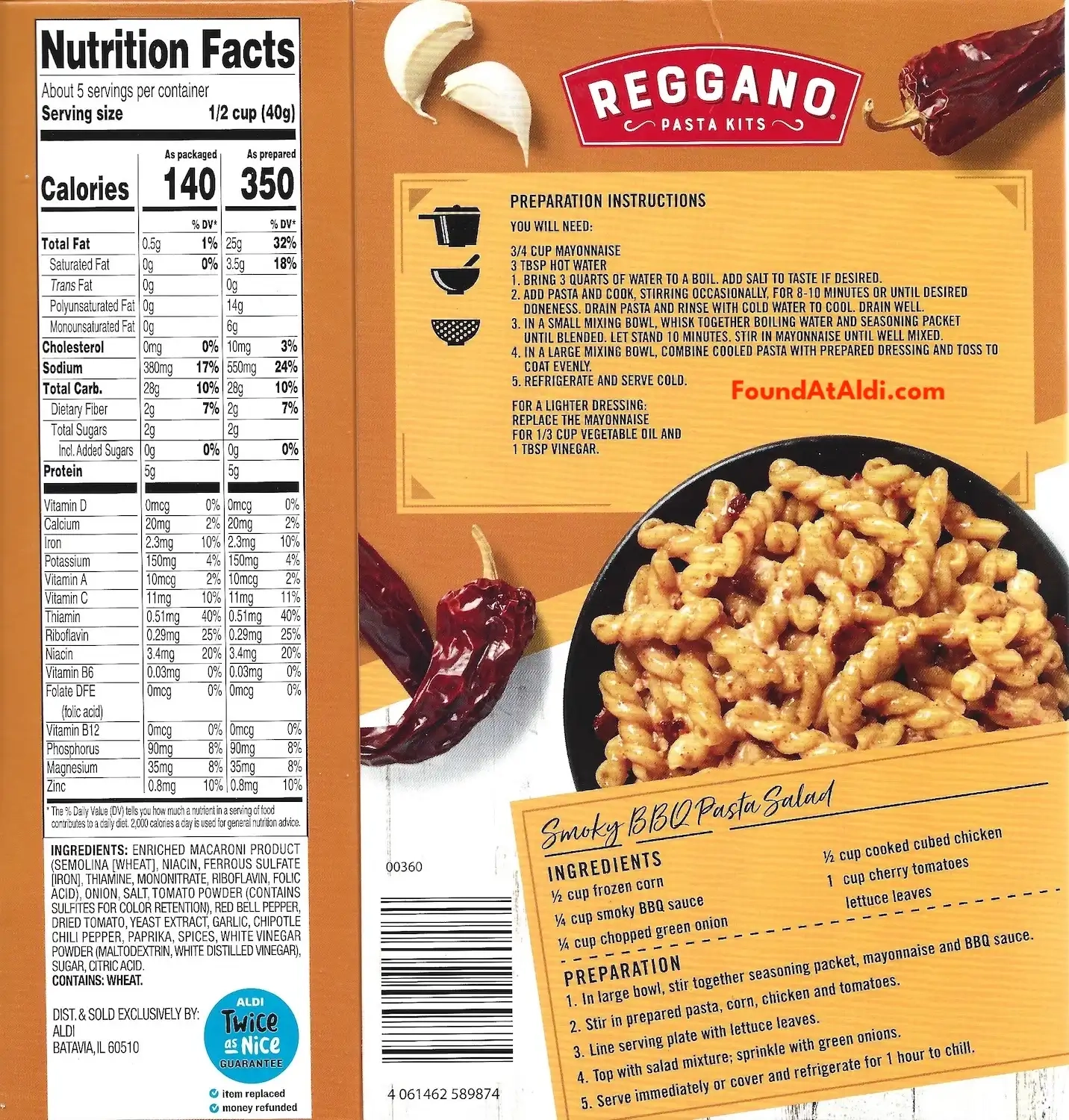 Reggano Pasta Kits Chipotle Ingredients Nutrition Facts Cooking Directions