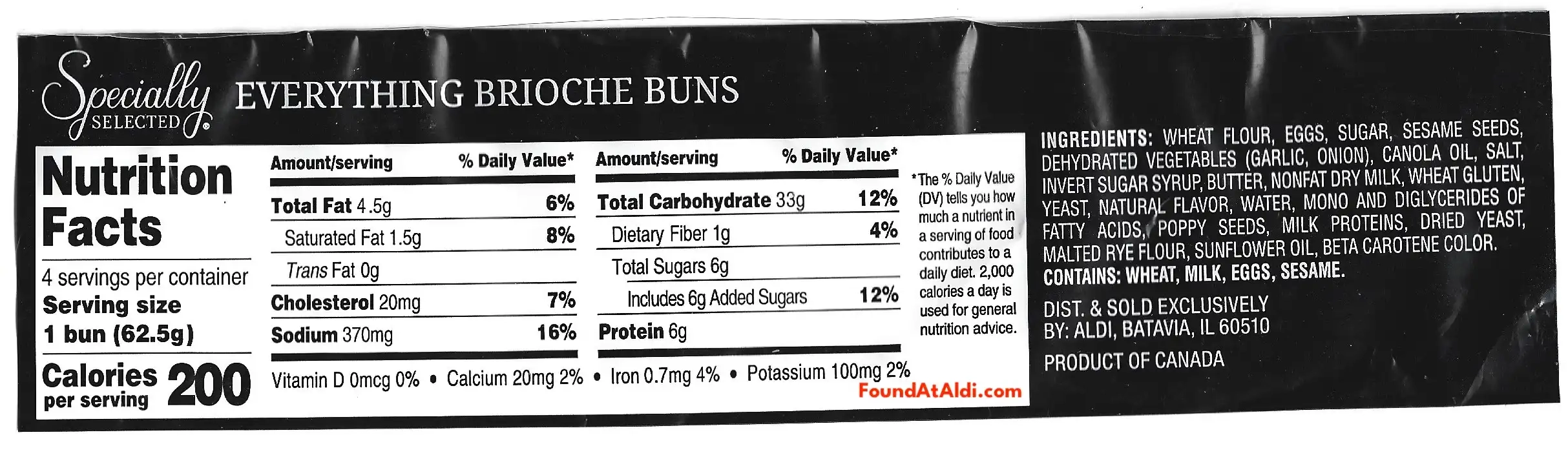 Specially Selected Everything Brioche Buns Ingredients Nutrition Facts