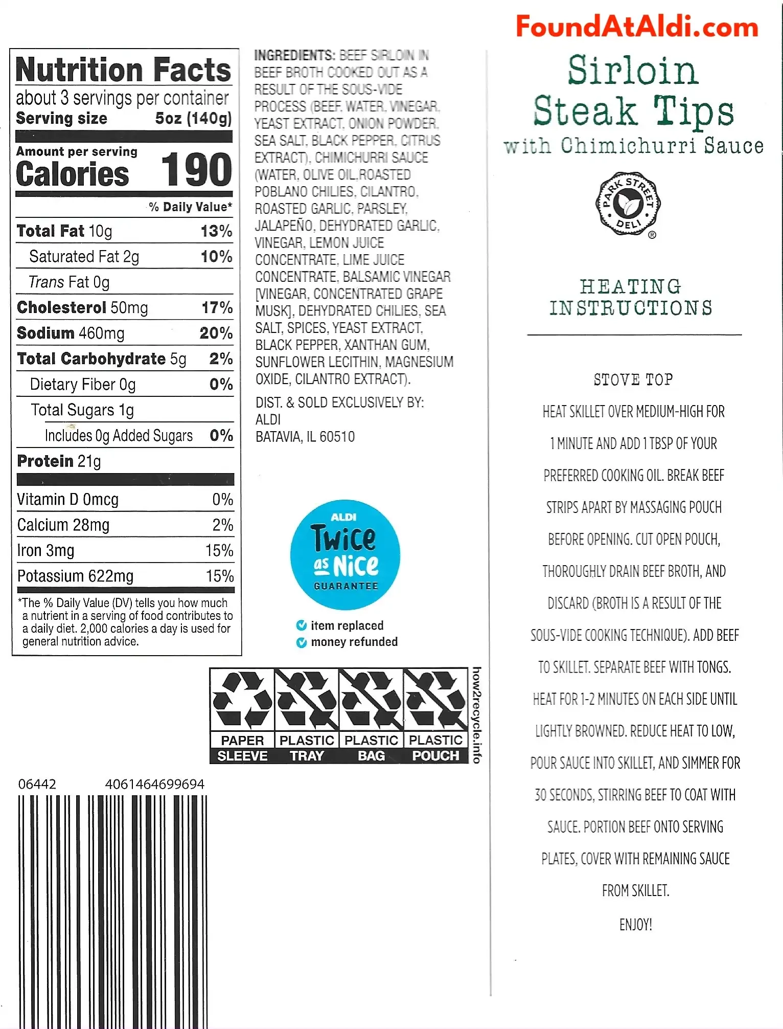 Park Street Deli Sirloin Steak Tips Ingredients Nutrition Facts Cooking Directions