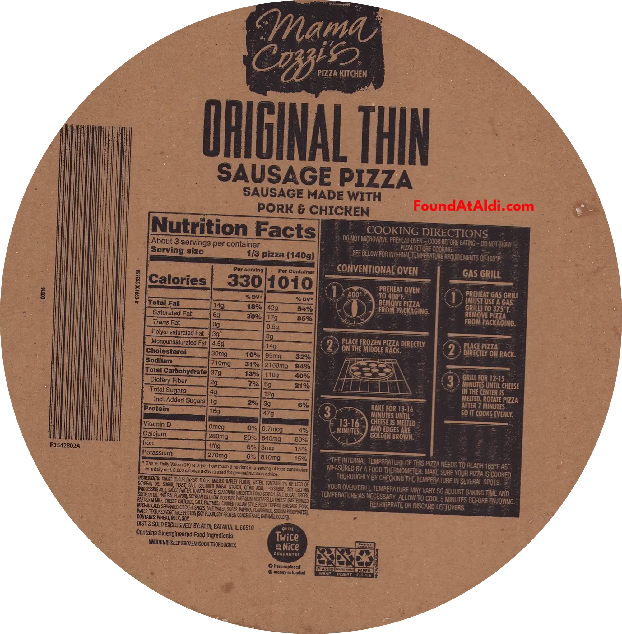 Mama Cozzi's Original Thin Sausage Pizza Ingredients Nutrition Facts Cooking Directions