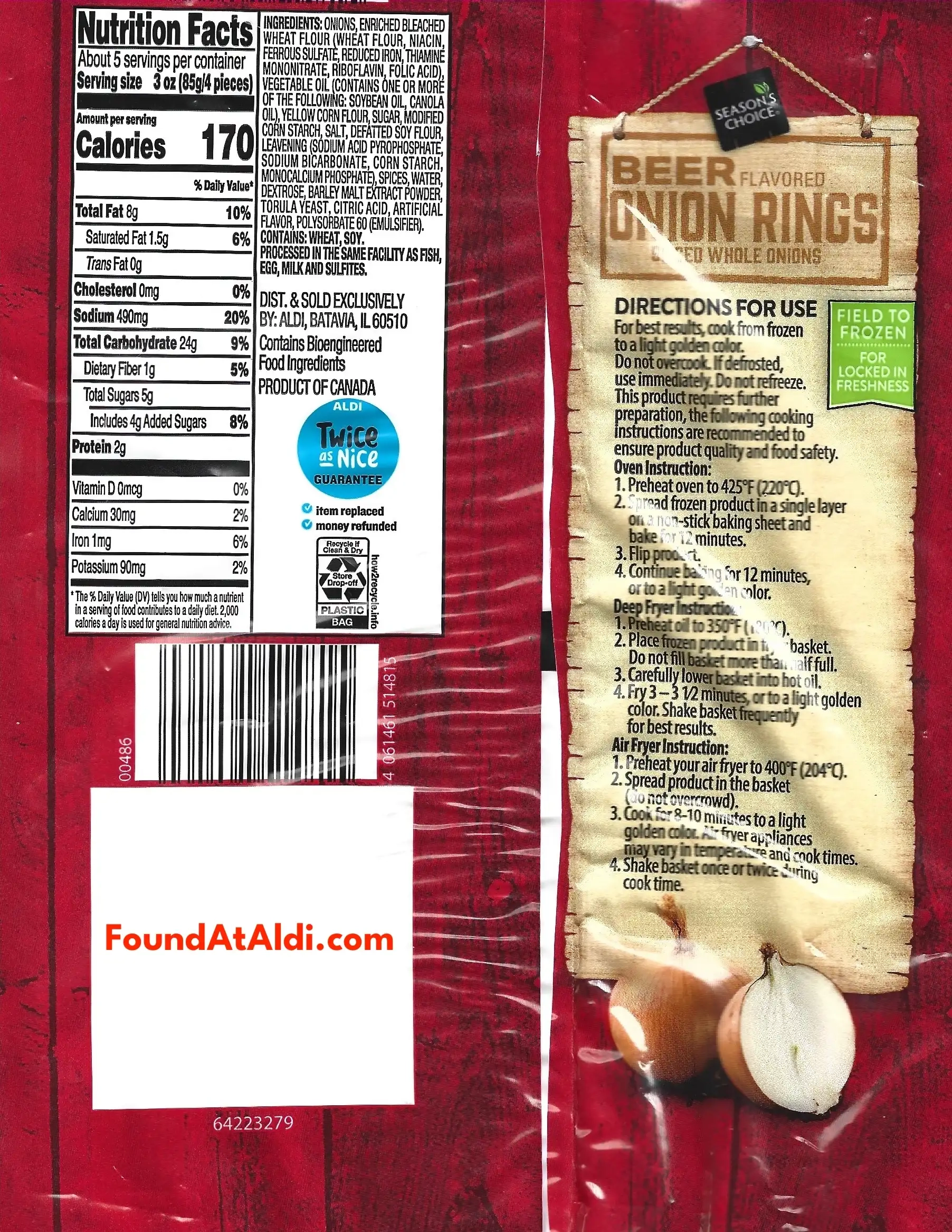 Season's Choice Beer Flavored Onion Rings Ingredients Nutrition Facts Cooking Directions