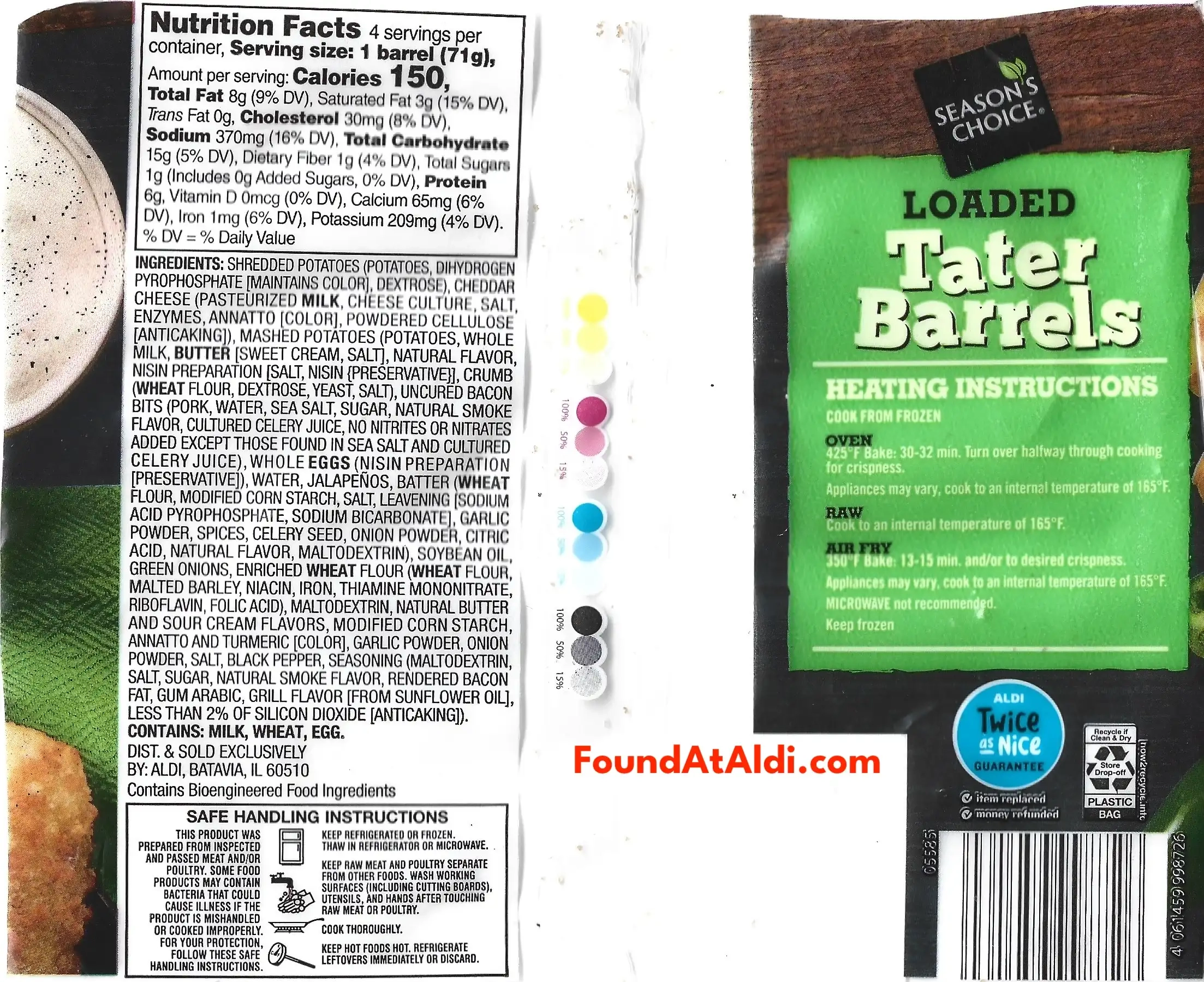 Season's Choice Loaded Tater Barrels Ingredients Nutrition Facts Cooking Directions