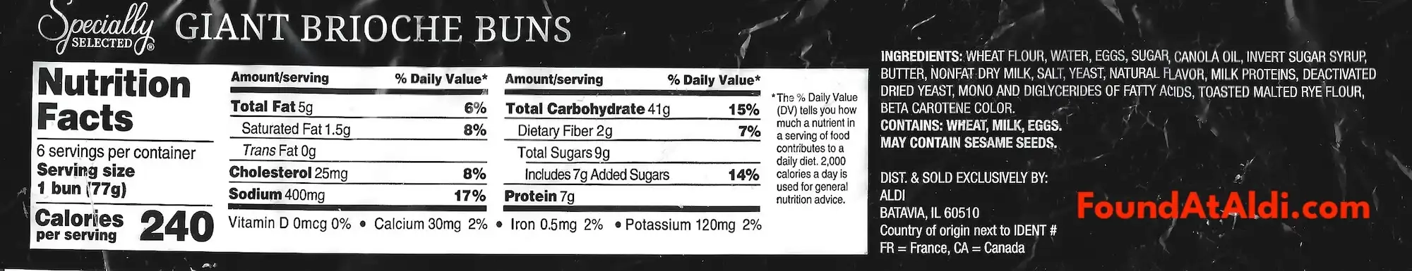 Specially Selected Giant Brioche Buns Ingredients Nutrition Facts