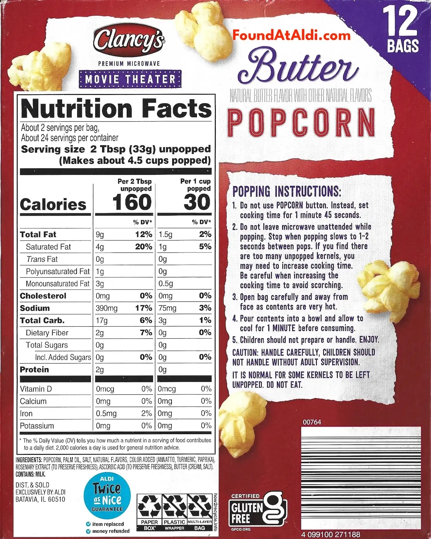 Clancy's Movie Theatre Butter Popcorn Ingredients Nutrition Facts Cooking Directions