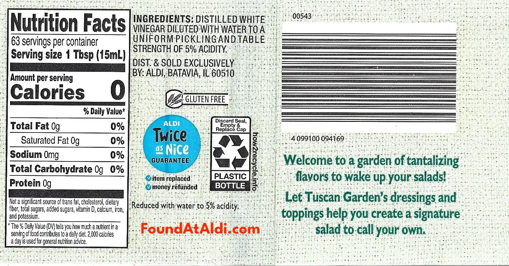 Tuscan Garden Distilled White Vinegar Ingredients Nutrition Facts