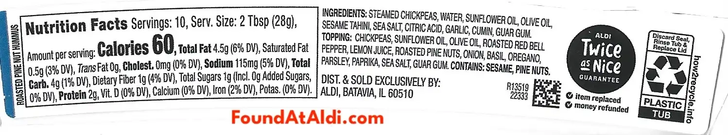 Park Street Deli Roasted Pine Nut Hummus Ingredients Nutrition Facts