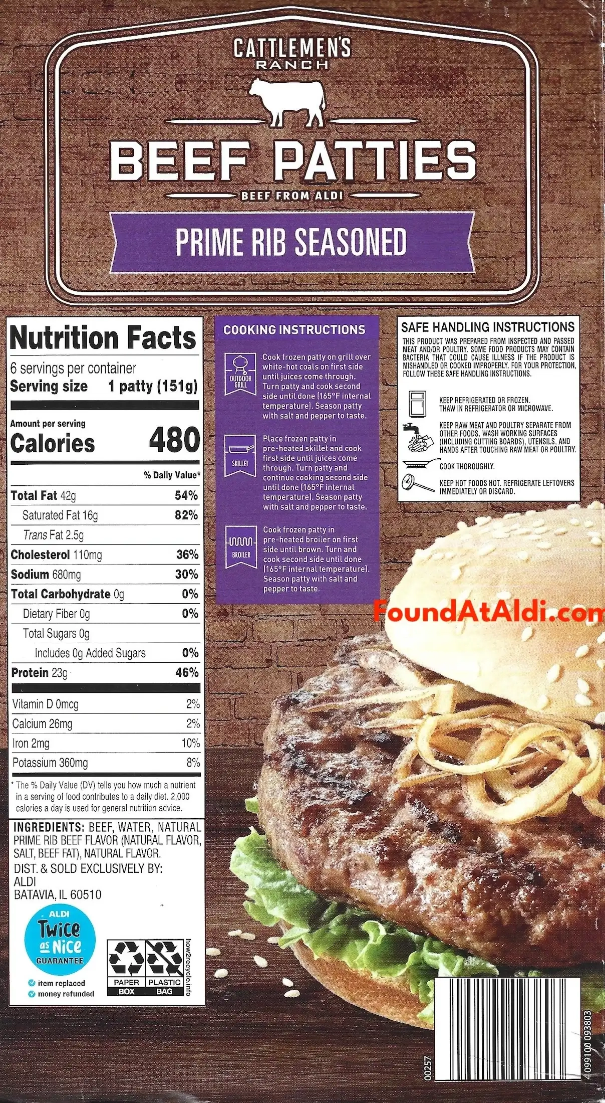 Cattlemen's Ranch Prime Rib Seasoned Beef Burger Patties Ingredients Nutrition Facts Cooking Directions