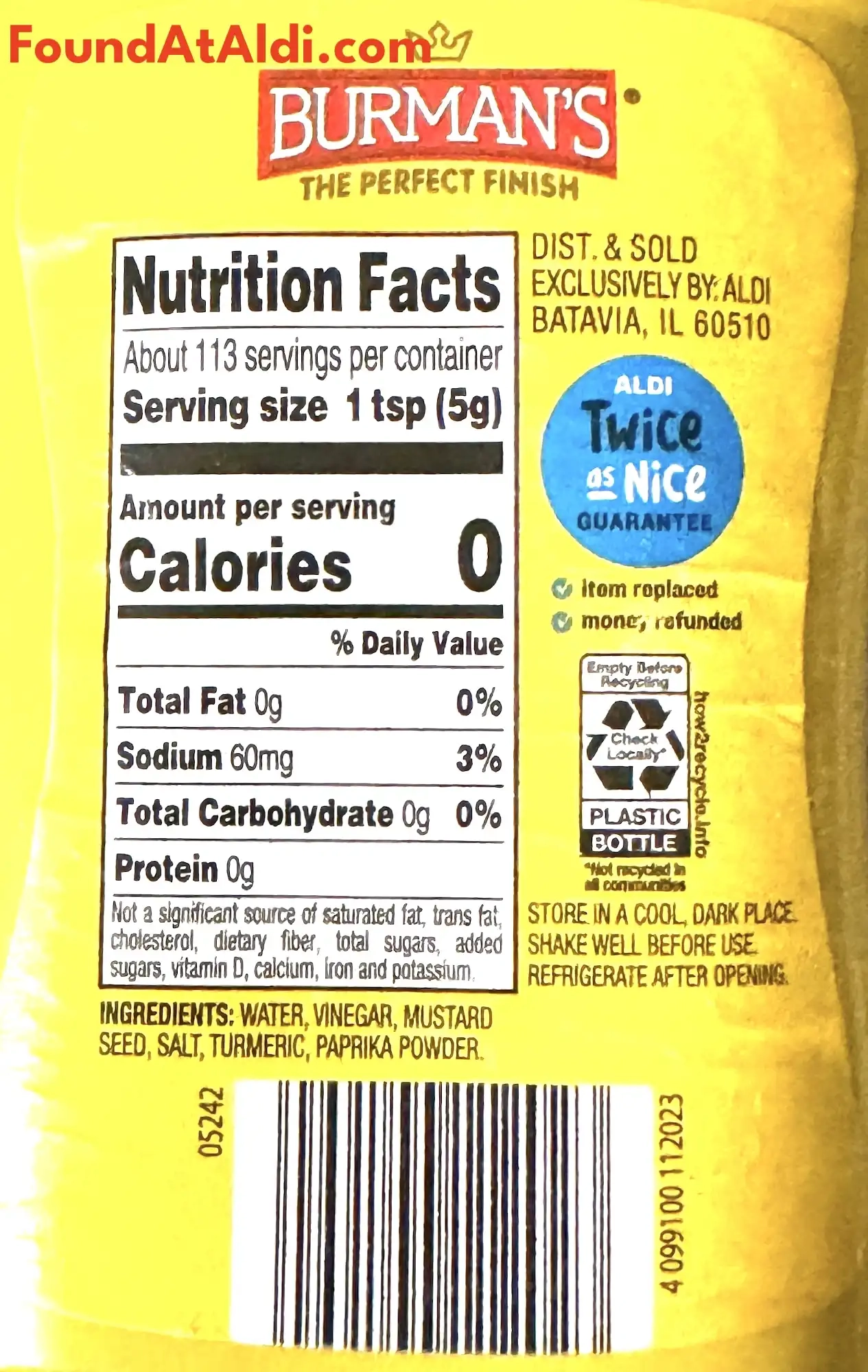 Burman's Classic Yellow Mustard Ingredients Nutrition Facts