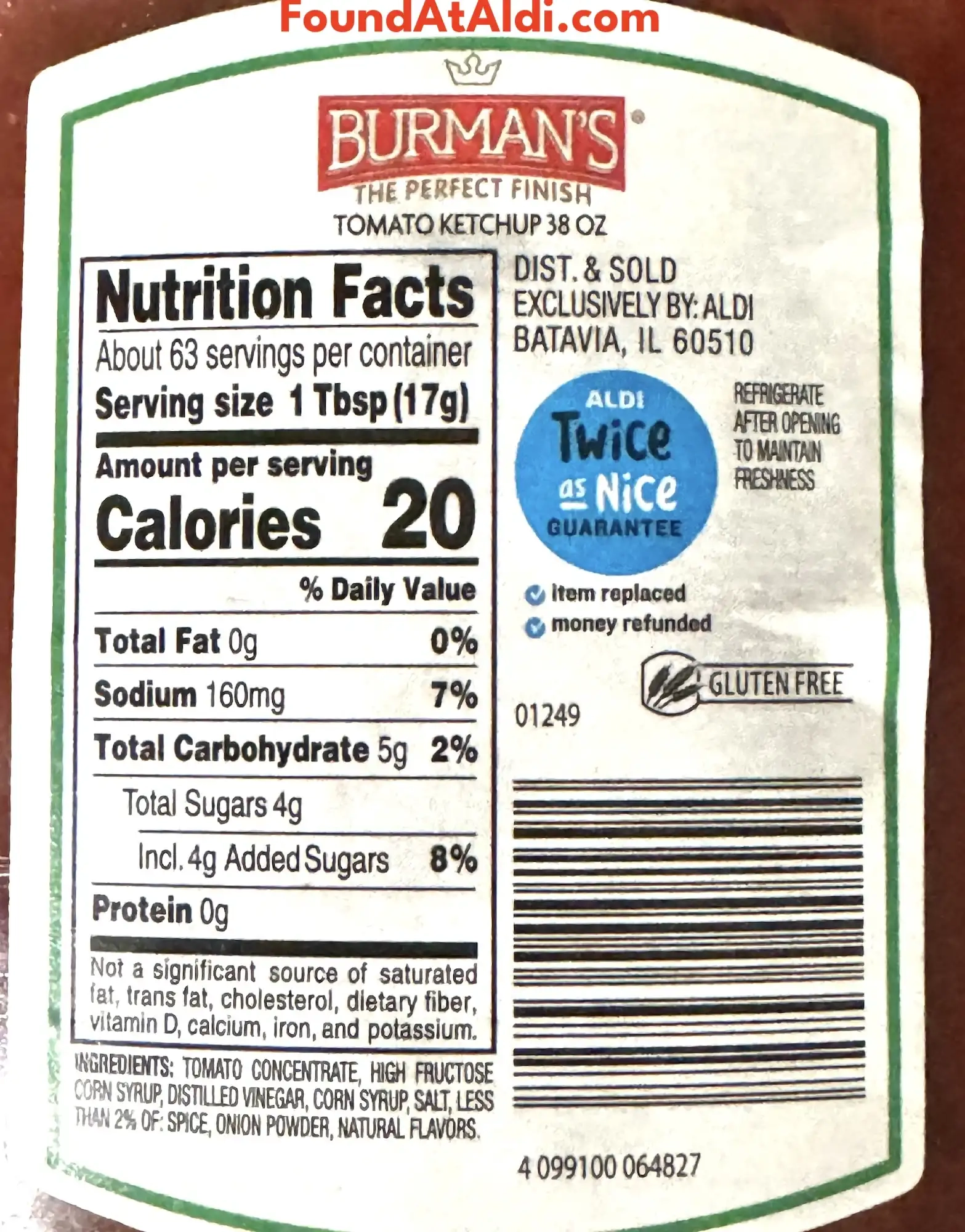 Burman's Tomato Ketchup Ingredients Nutrition Faces