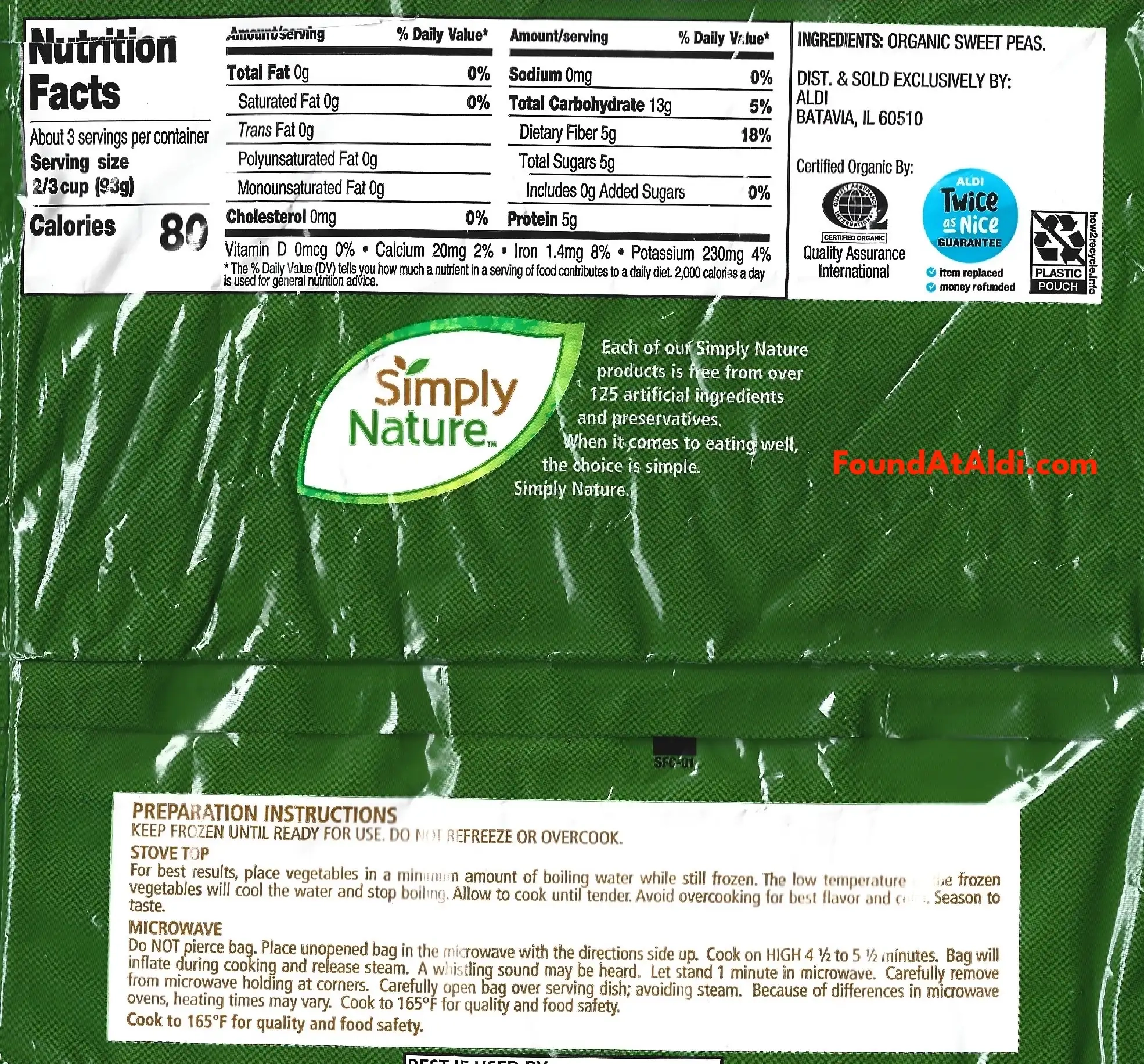 Simply Nature Organic Sweet Peas Ingredients Nutrition Facts Cooking Directions