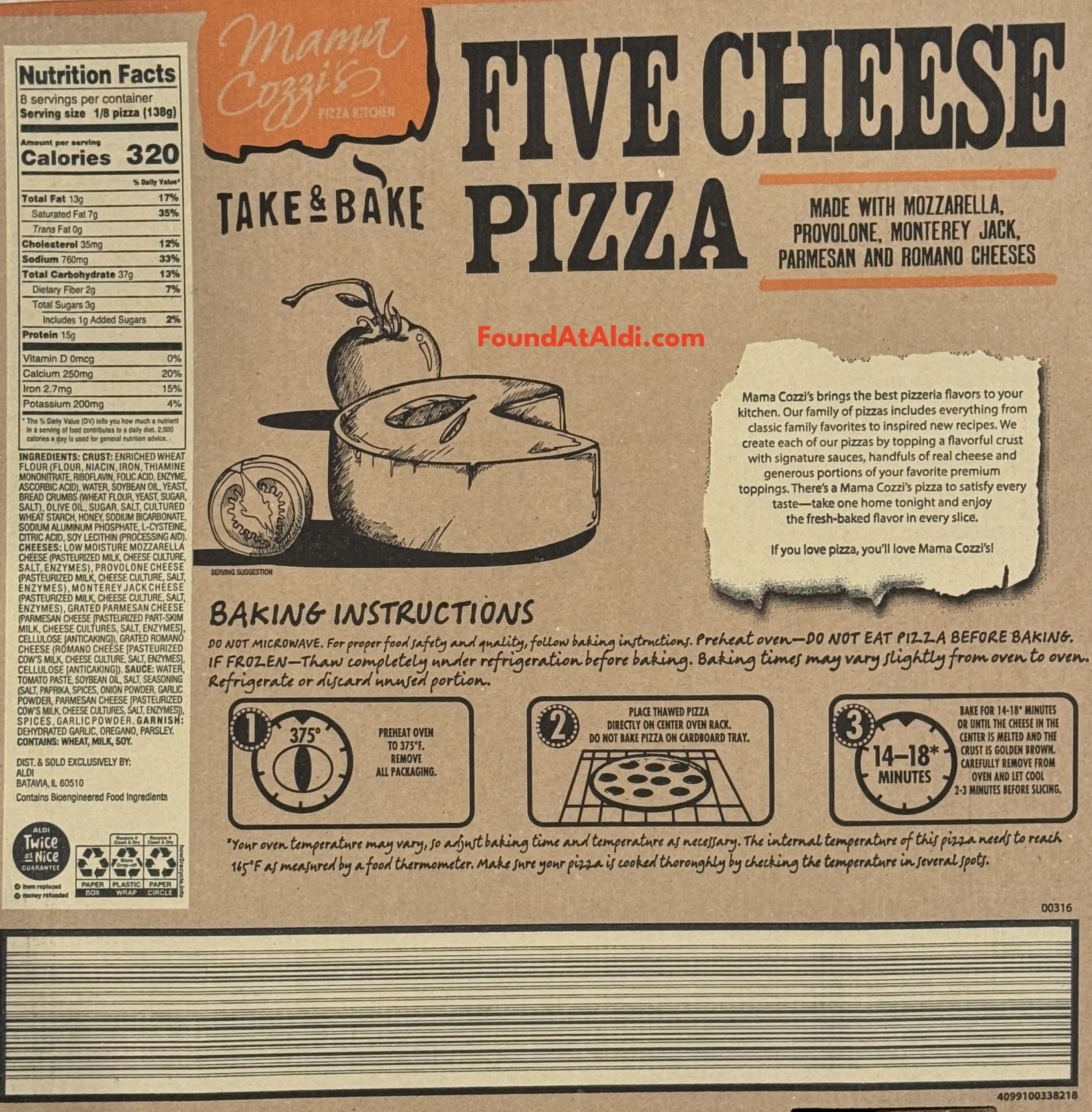 Mama Cozzi's Take & Bake Five Cheese Extra Large Pizza Ingredients Nutrition Facts