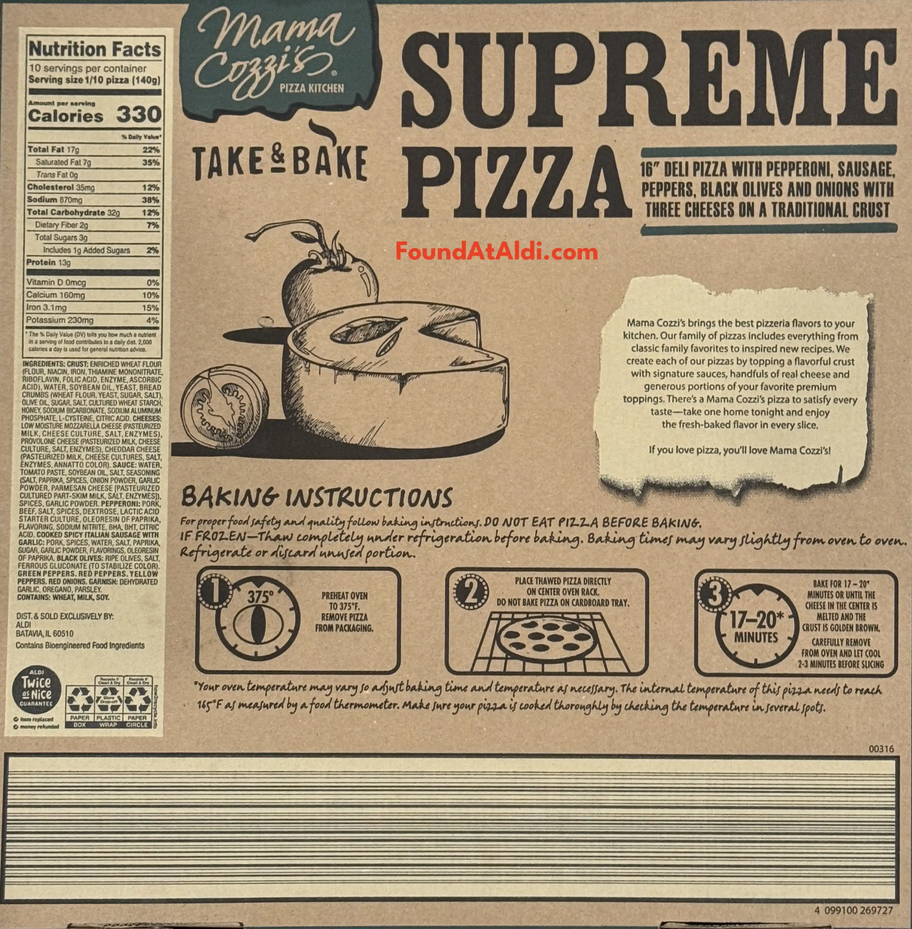 Mama Cozzi's Take & Bake Supreme Extra Large Pizza Ingredients Nutrition Facts Cooking Directions