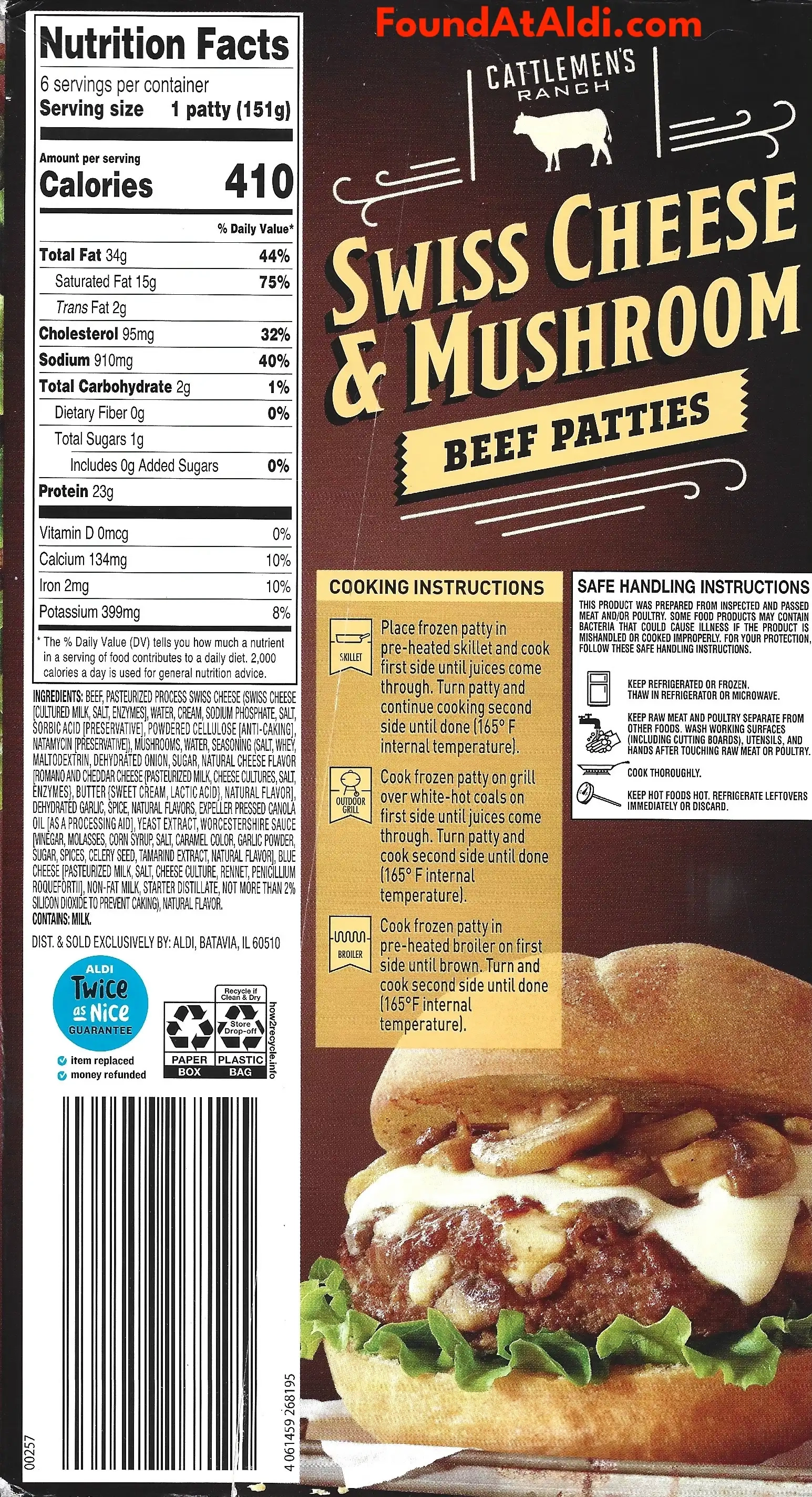 Cattlemen's Ranch Swiss Cheese & Mushroom Beef Patties Burgers Ingredients Nutrition Facts Cooking Directions