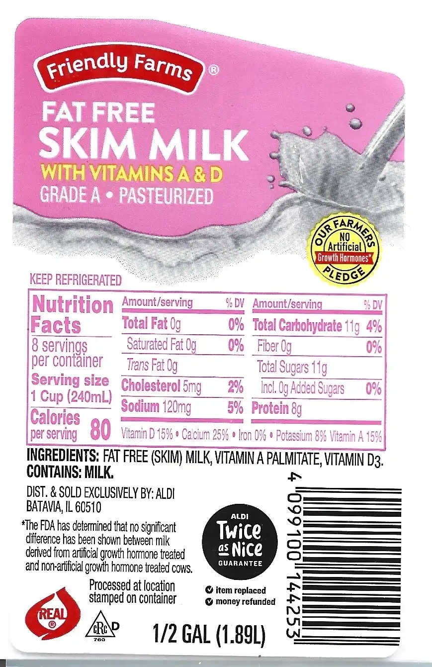 Friendly Farms Fat Free Skim Milk Ingredients Nutrition Facts