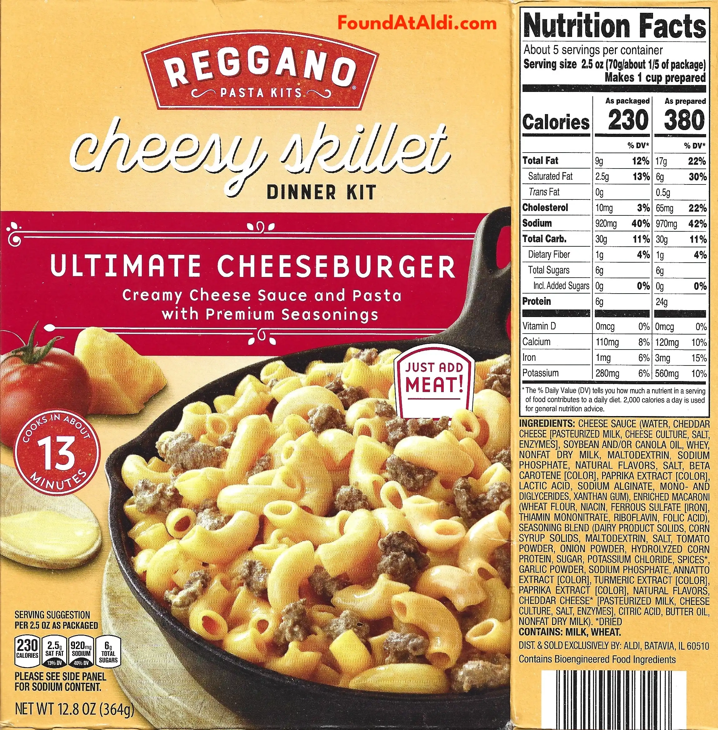 Reggano Pasta Kits Ultimate Cheeseburger Ingredients Nutrition Facts