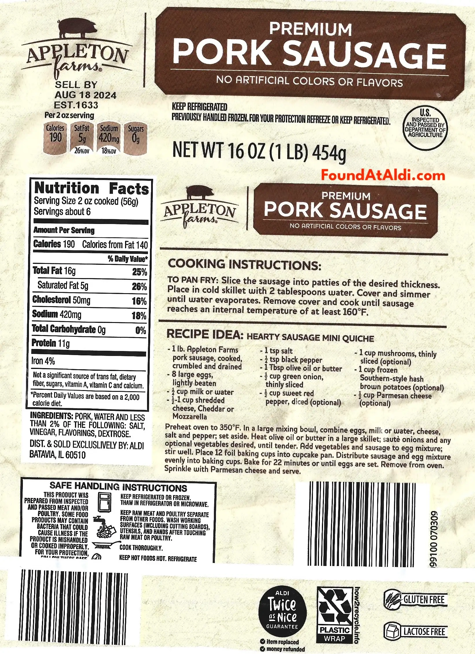 Appleton Farms Premium Pork Sausage Ingredients Nutrition Facts Cooking Directions